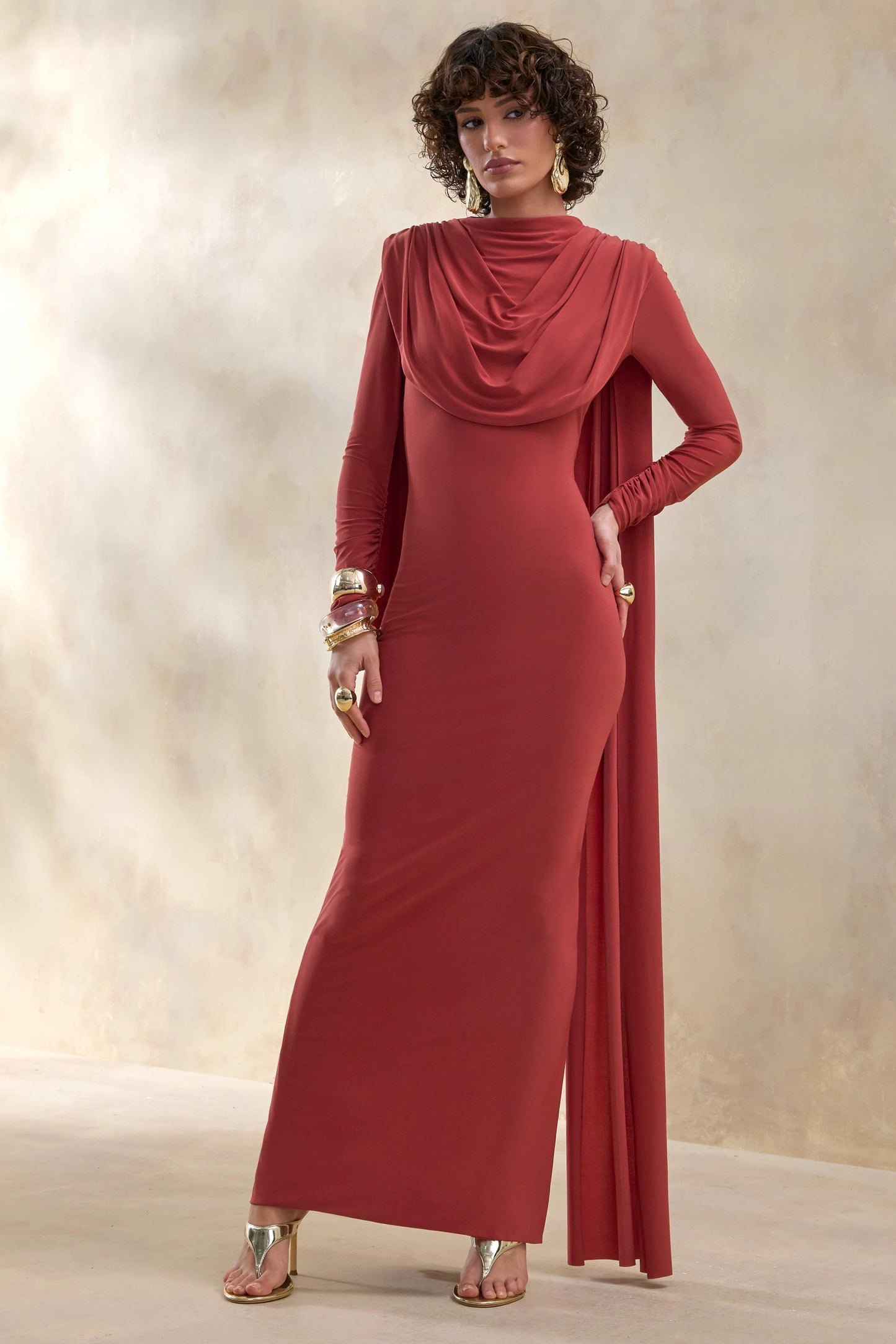 Lysoria Rust High-Neck Maxi Dress With Draped-Detailing And Cape-Sleeves