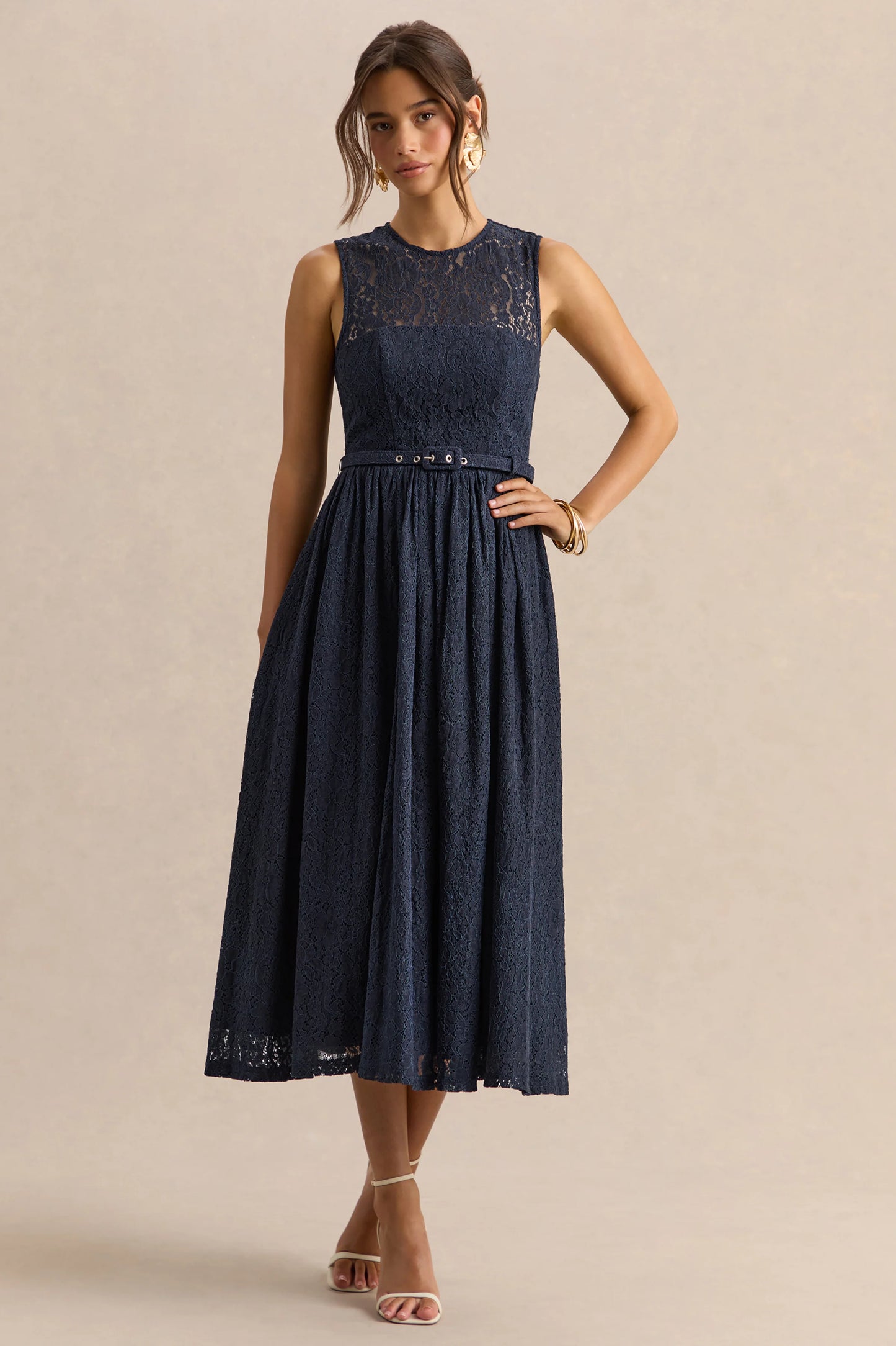 Anabella Navy Lace Crew-Neck Belted Midi-Dress