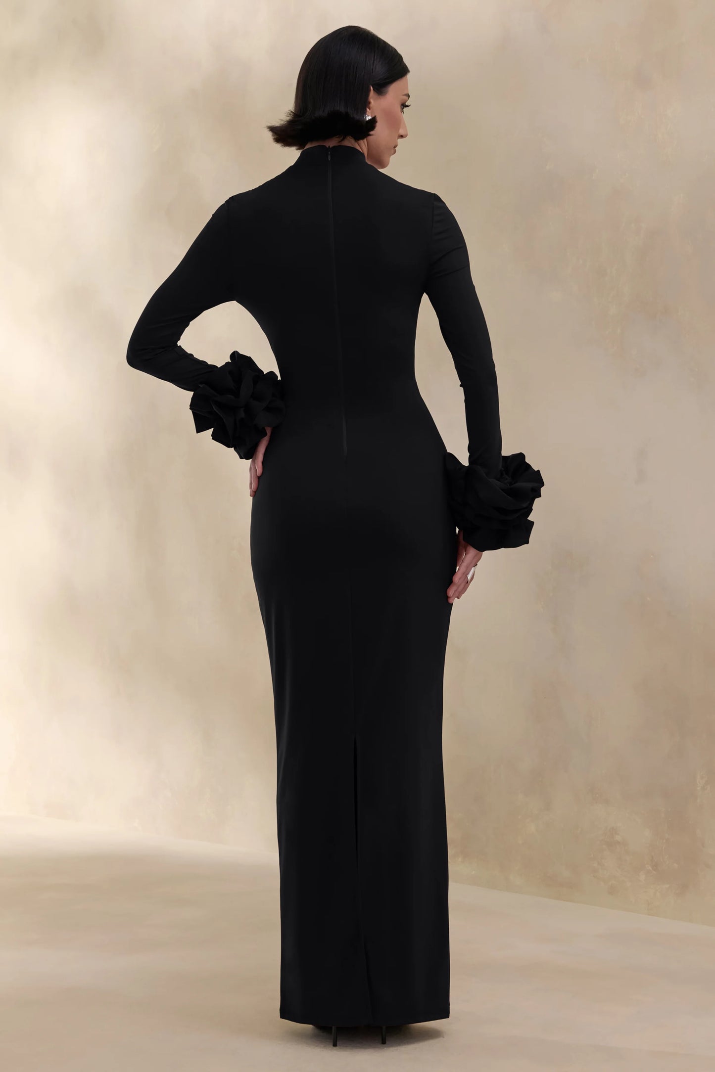 Jaselle Black High-Neck Maxi Dress With Ruffled Satin-Cuffs
