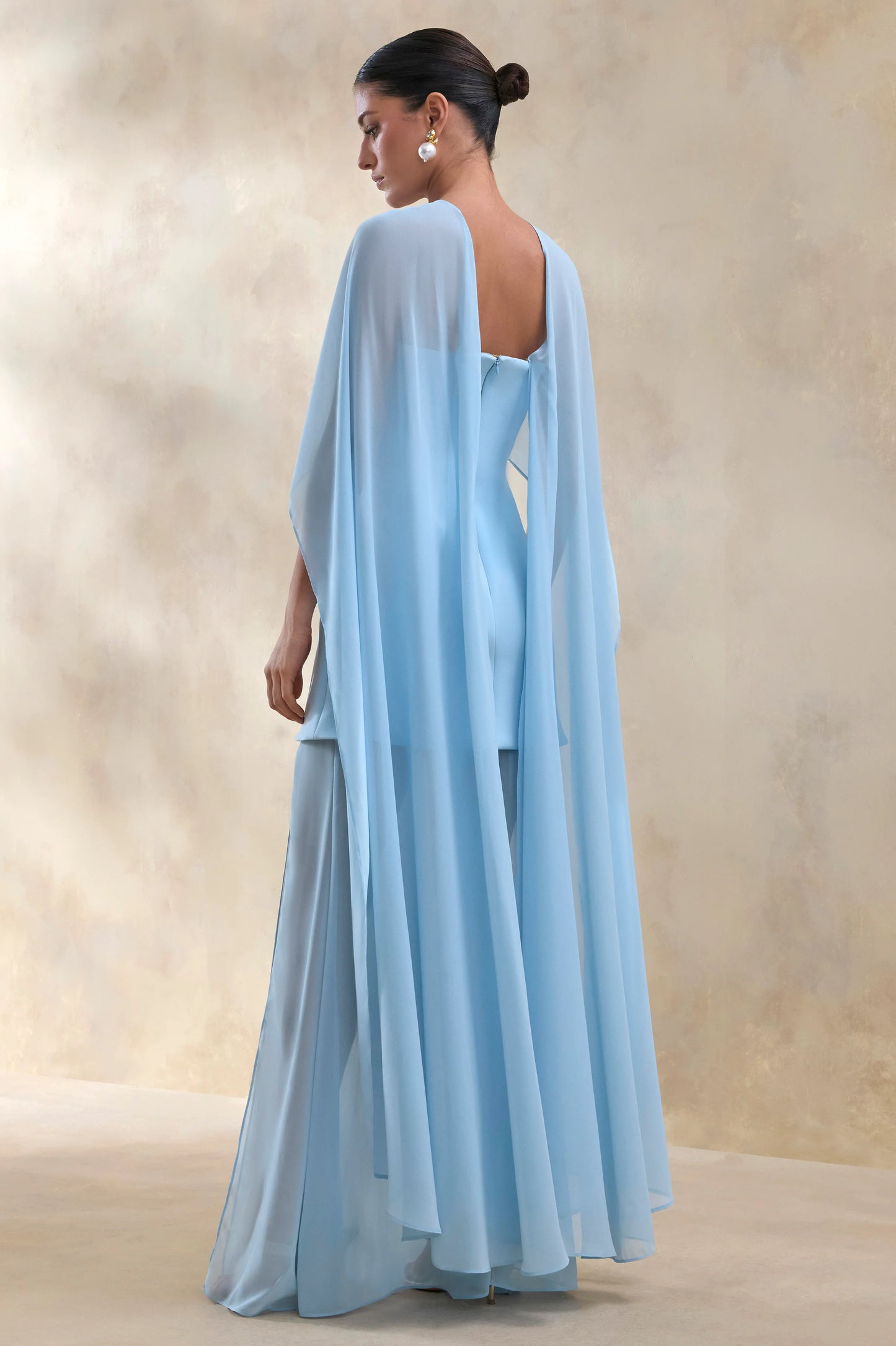 Chessa Powder Blue Boat-Neck Maxi Dress With Sheer Cape