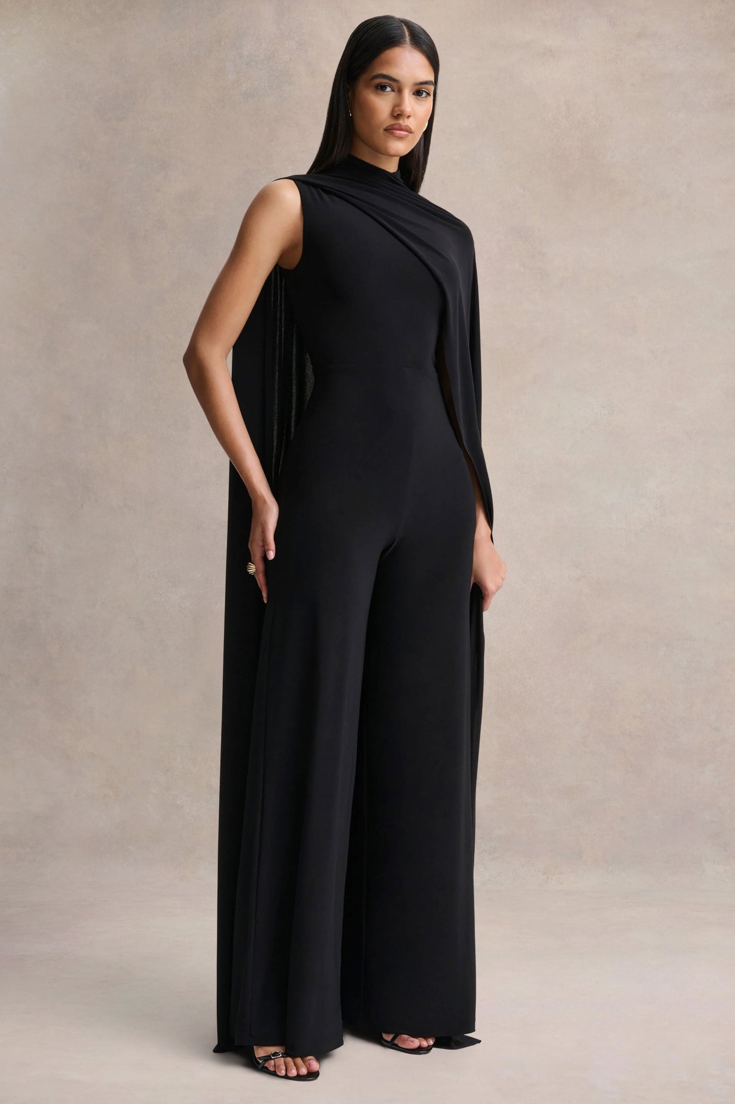 Seema Black High-Neck Jumpsuit With Cape