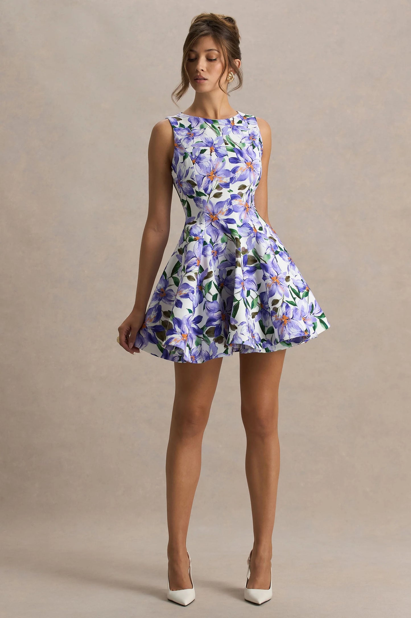 Gabrielle Purple Lily Print Boat-Neck Skater Mini Dress