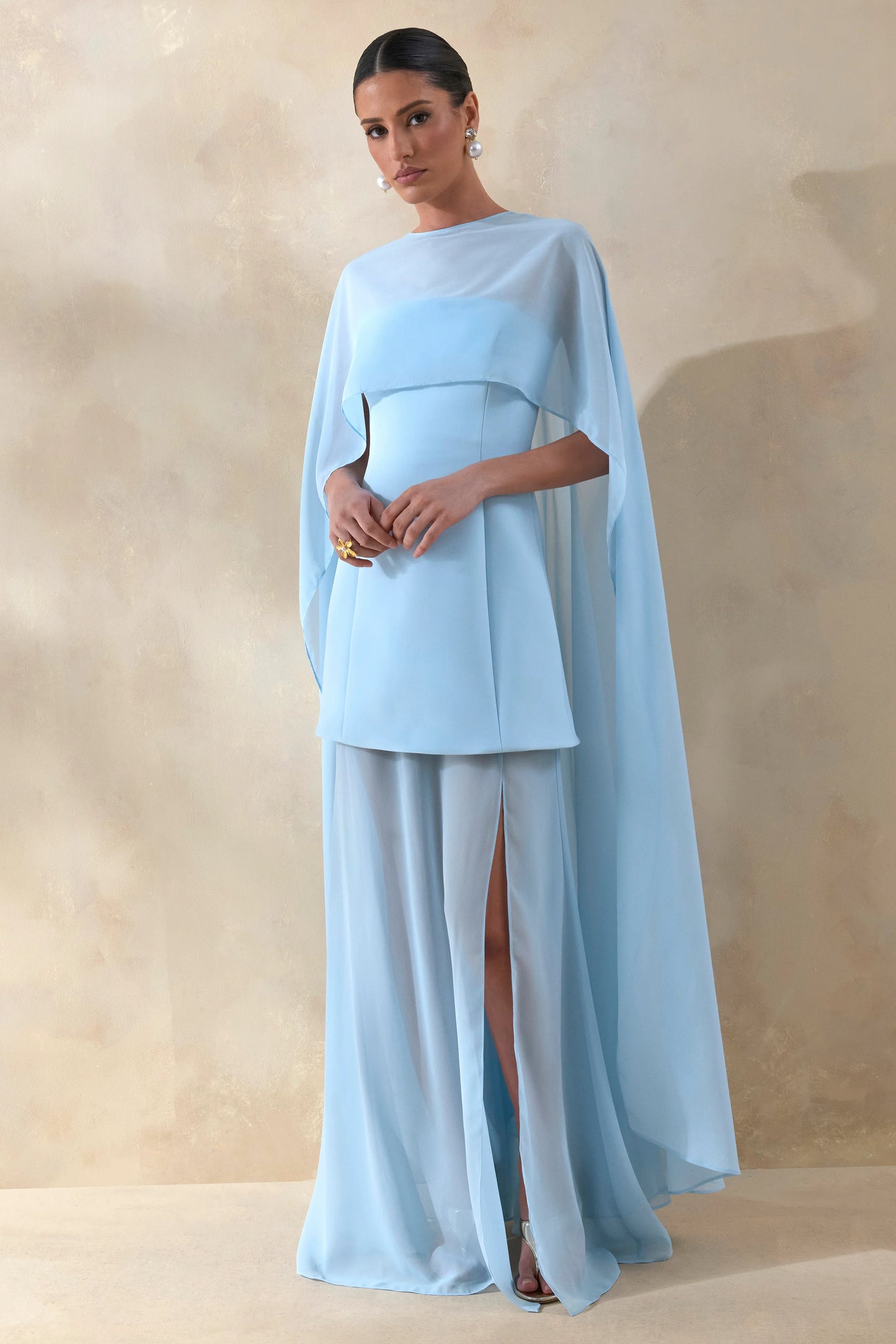 Chessa Powder Blue Boat-Neck Maxi Dress With Sheer Cape