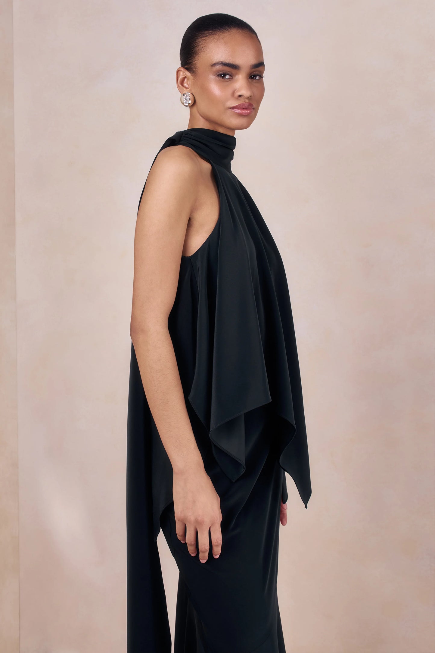 Sancelle Black Matte Satin Halter-Neck Top