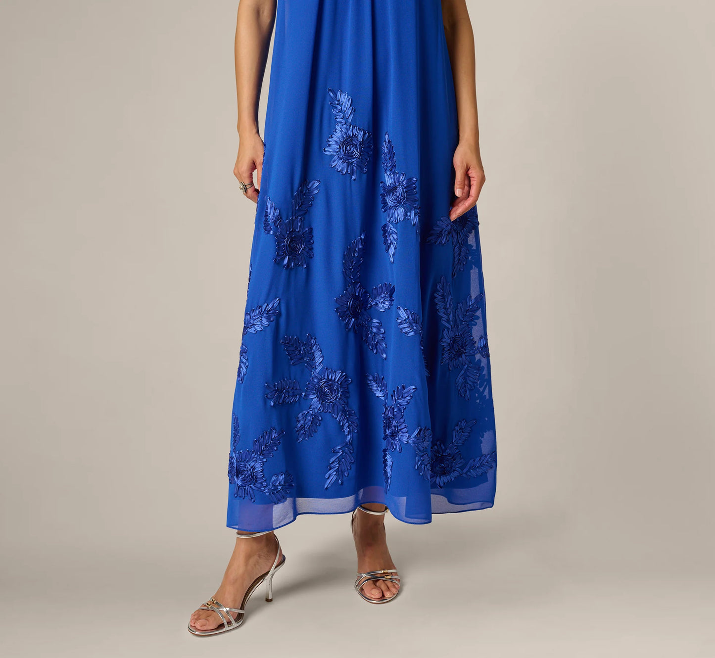 Georgette Soutache Embroidery Trapeze Halter Dress In Brilliant Sapphire
