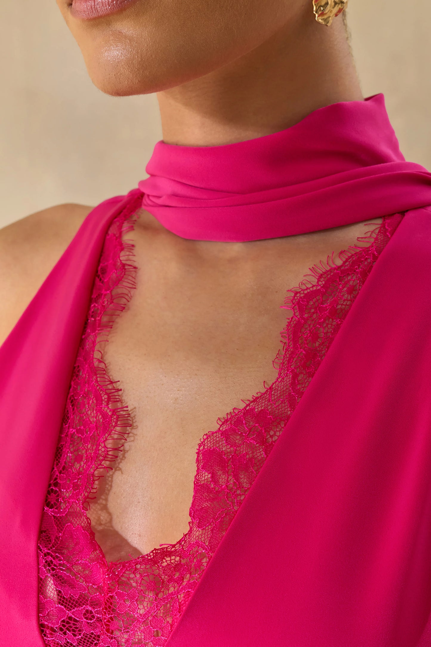 True Icon Hot Pink Satin High-Neck Maxi Slip Dress With Sash