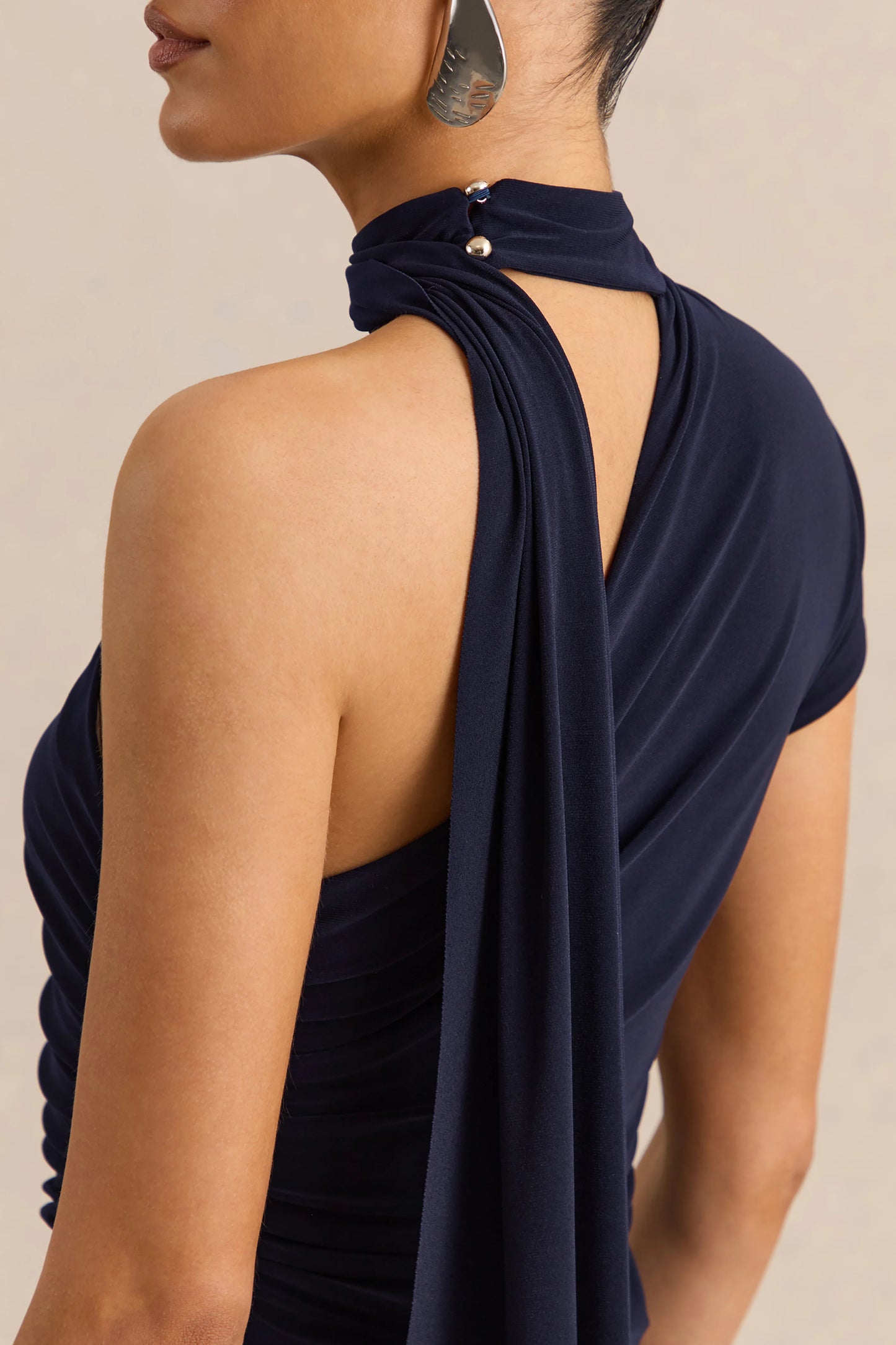 Lythara Navy Asymmetric-Neck Midi Dress With Scarf-Detail