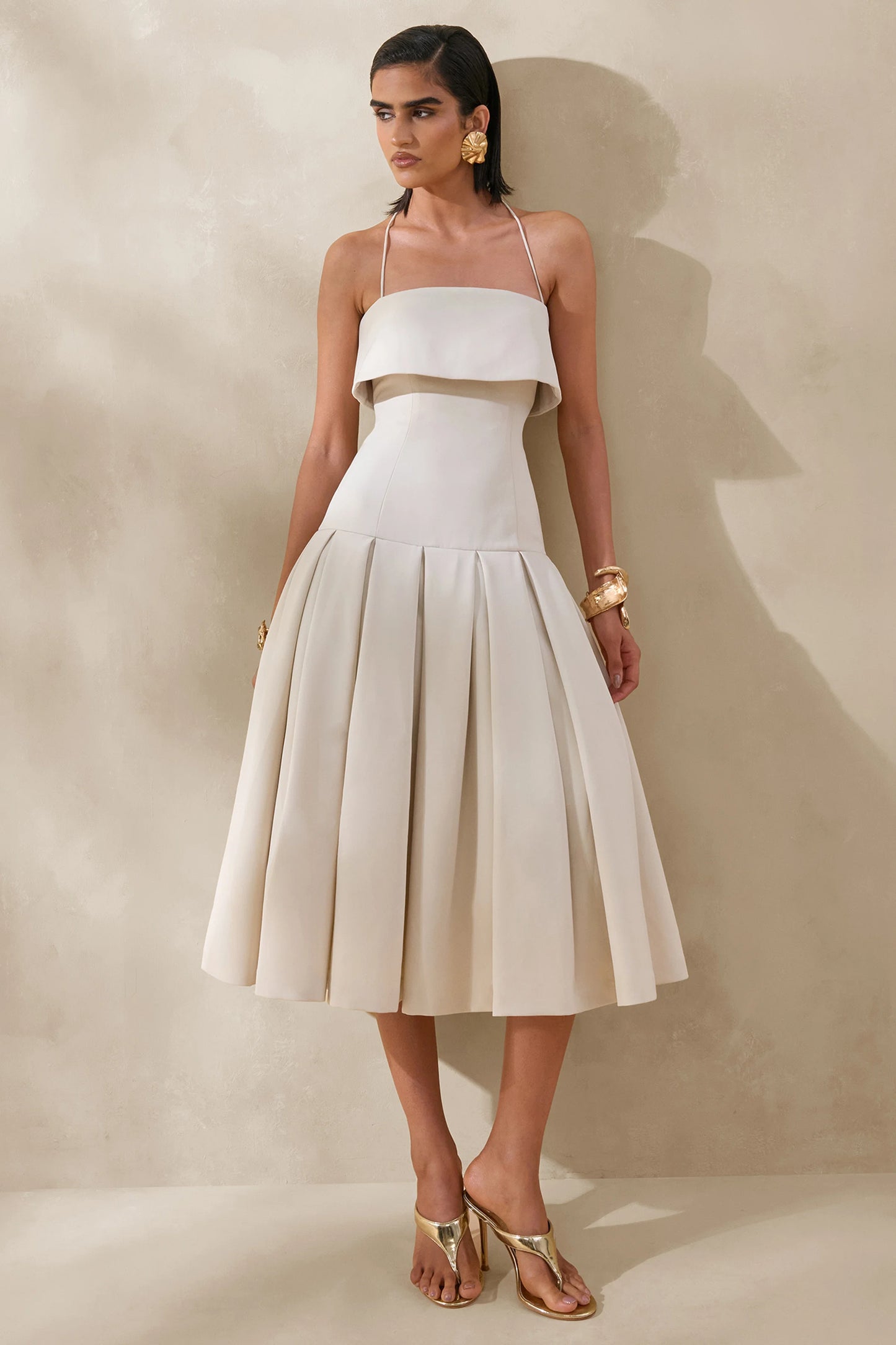 Dazira Cream Square-Neck Midi Dress With Drop-Waist