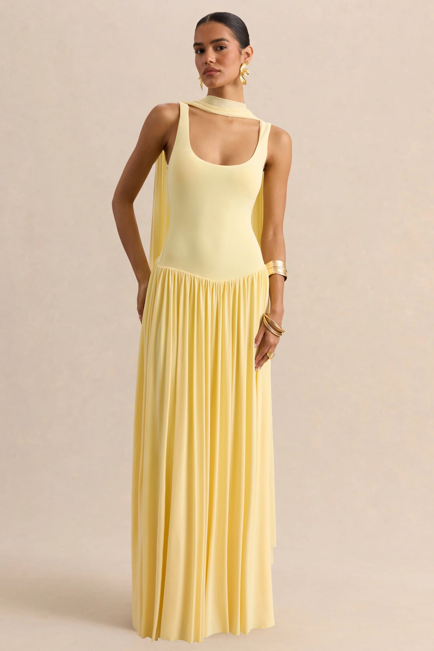 Aurina Lemon Square-Neck Maxi Dress With Scarf-Detail