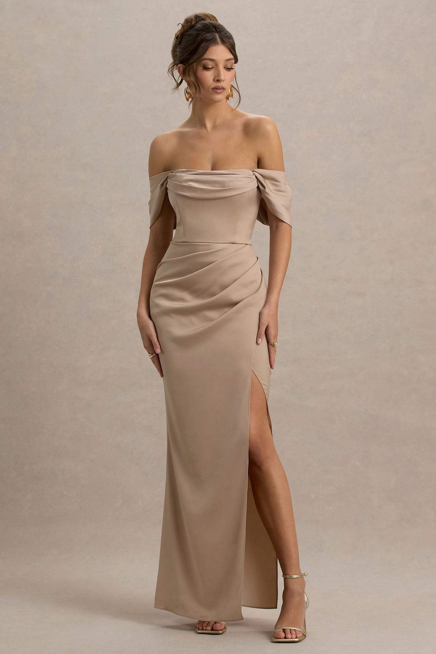 Annie Champagne Satin Bardot Maxi Dress With Split Wrap Skirt