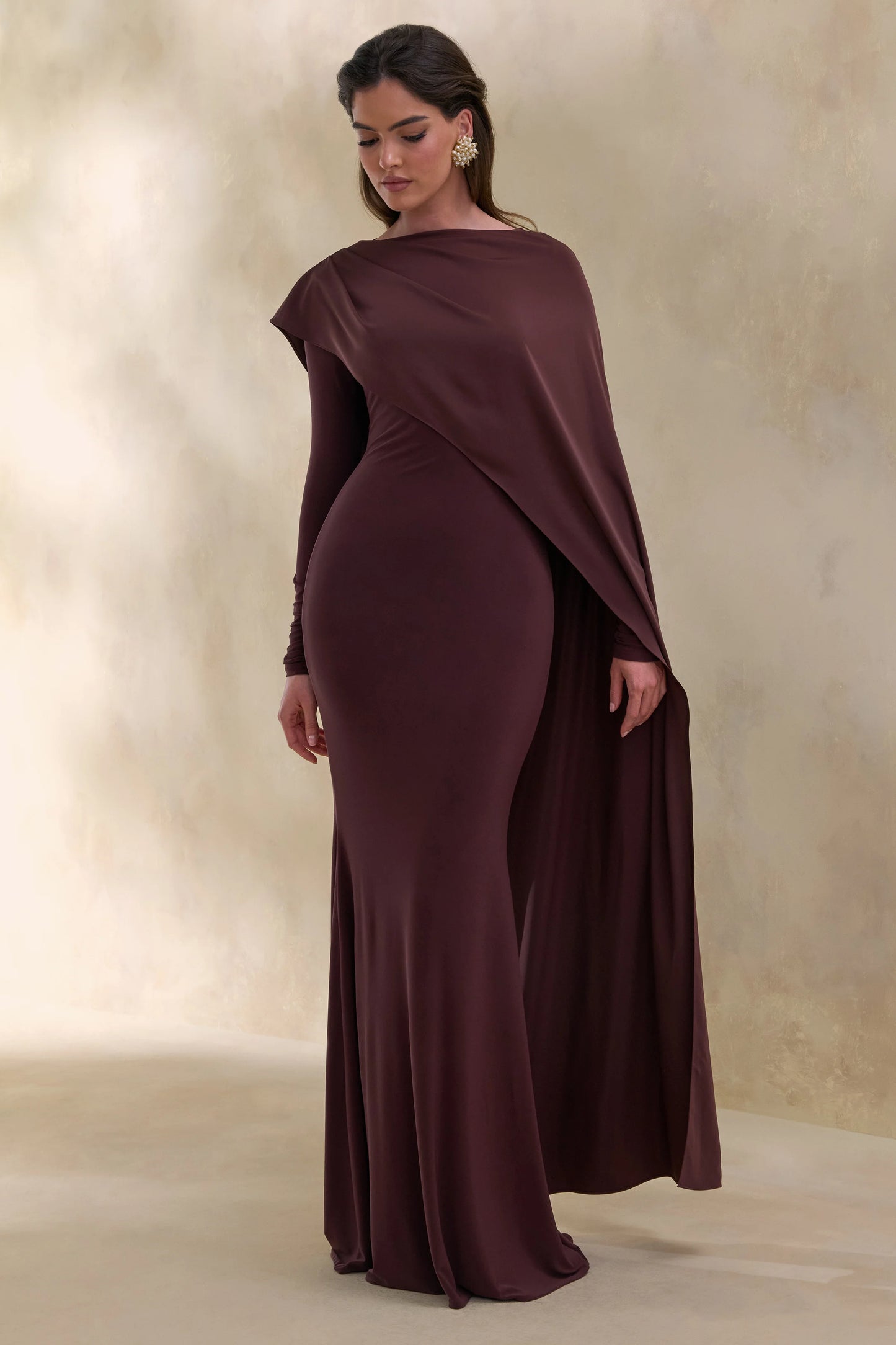Salenne Brown Wide-Neck Maxi Dress With Satin Asymmetric-Cape