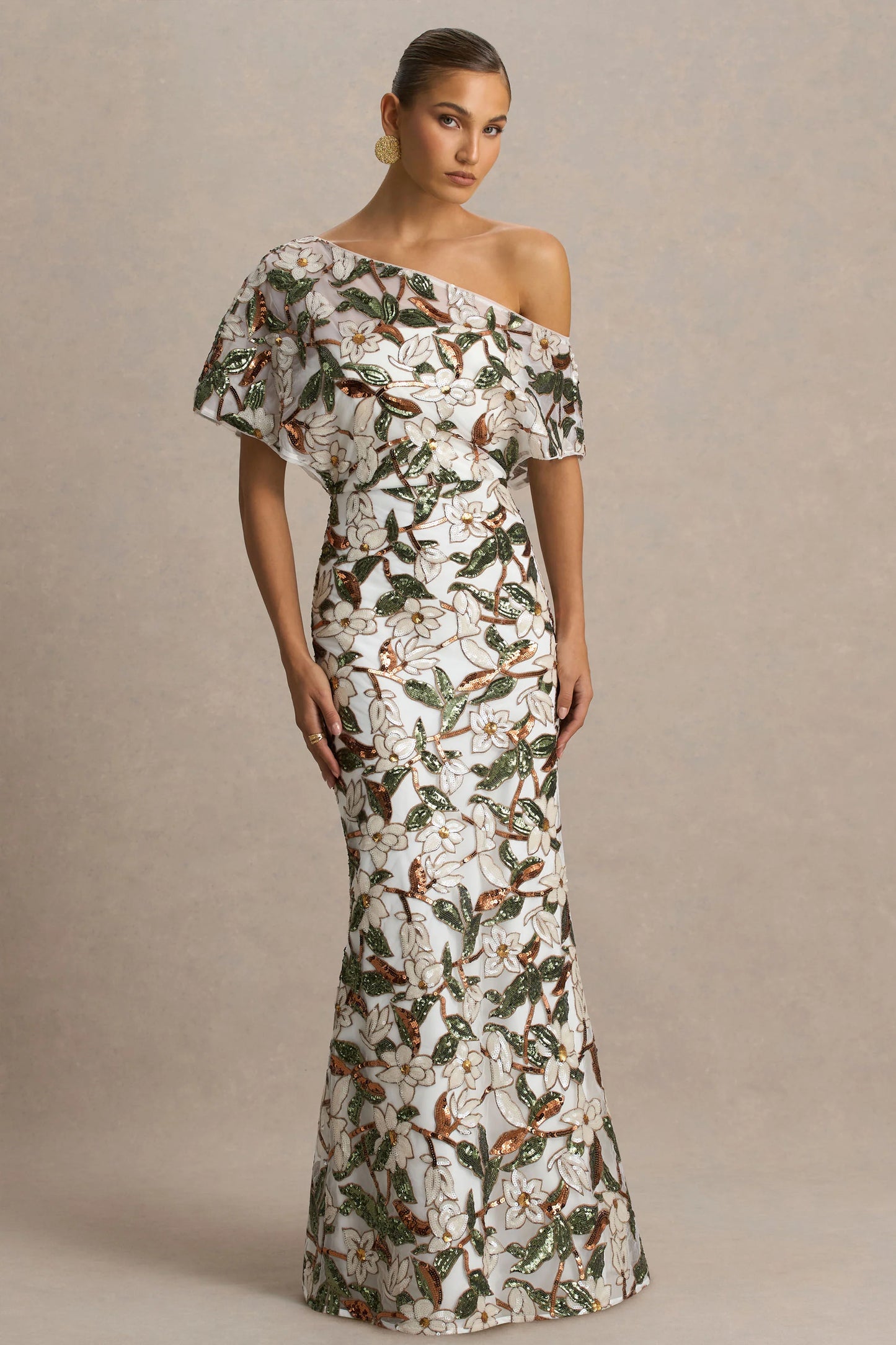 Iony White And Green Embellished Sequin Floral And Mesh Asymmetric-Neck Maxi Dress