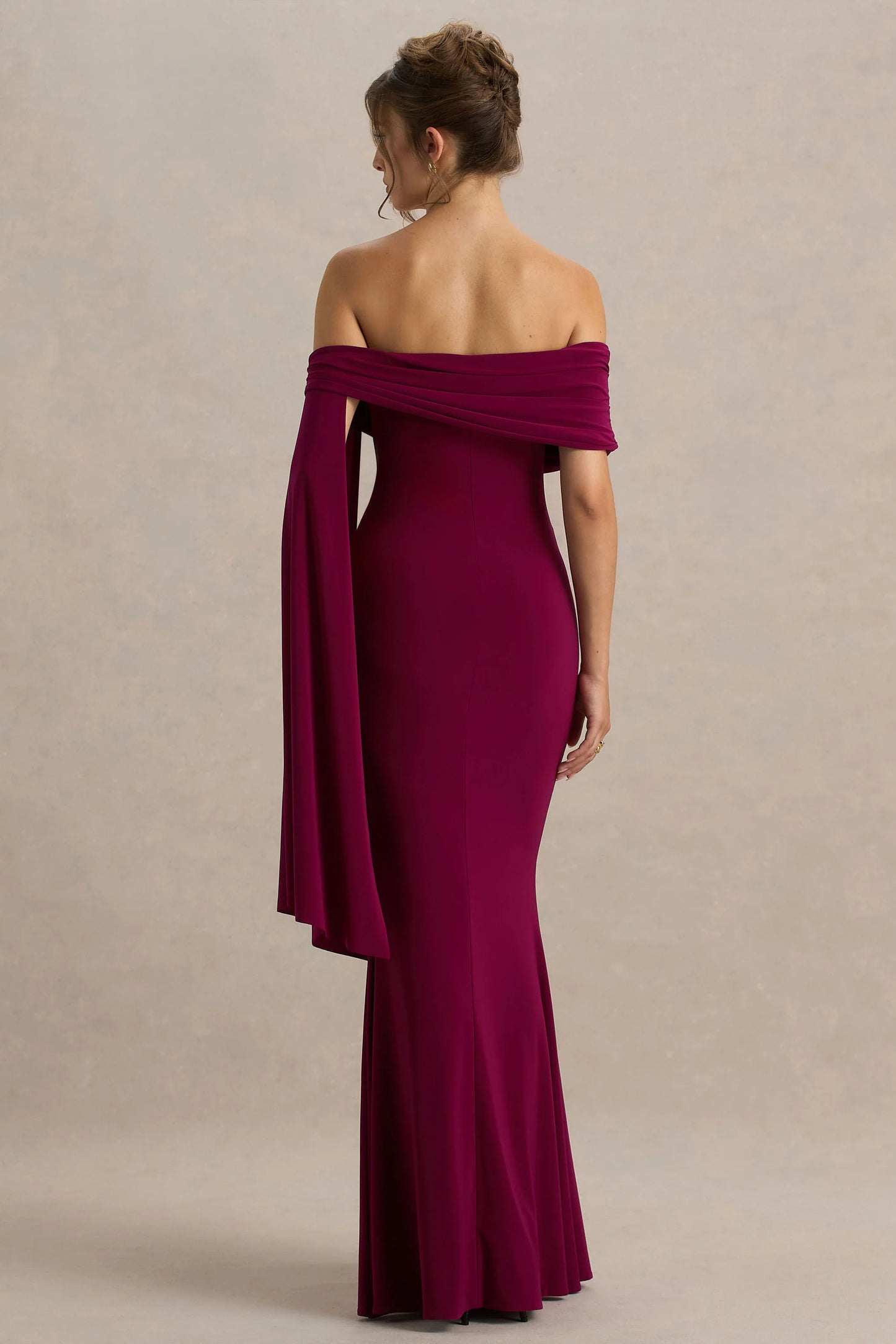 Saffina Burgundy Bardot-Neck Maxi Dress With Sash Detail