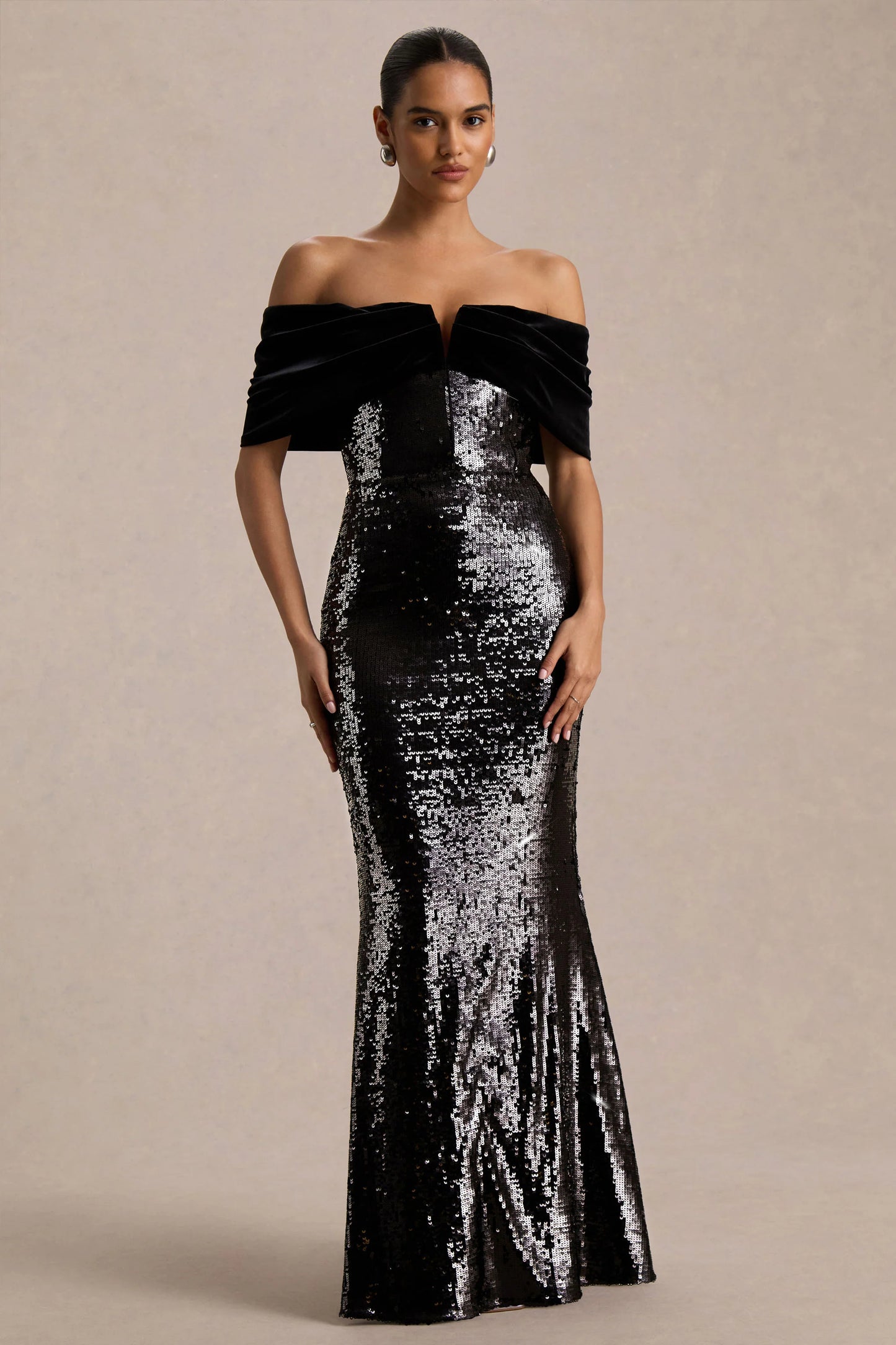 Bex Black Sequin And Velvet Bardot-Neck Maxi Dress