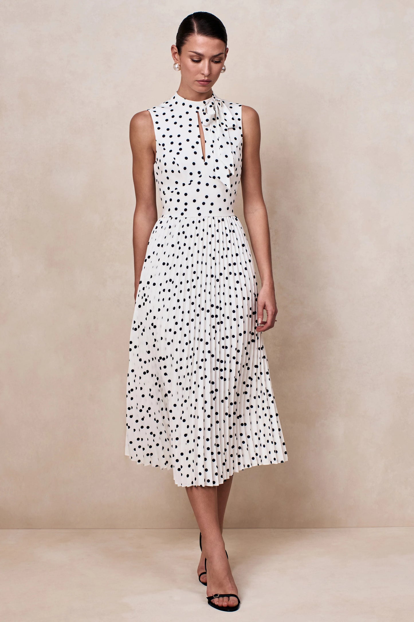 Avalon White Polka Dot Scarf-Neck Midi Dress With Pleated Skirt