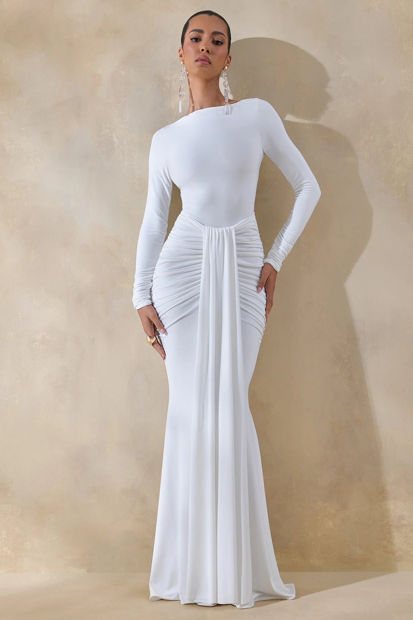 Liatris White Wide-Neck Maxi-Dress With Gathered-Detailing