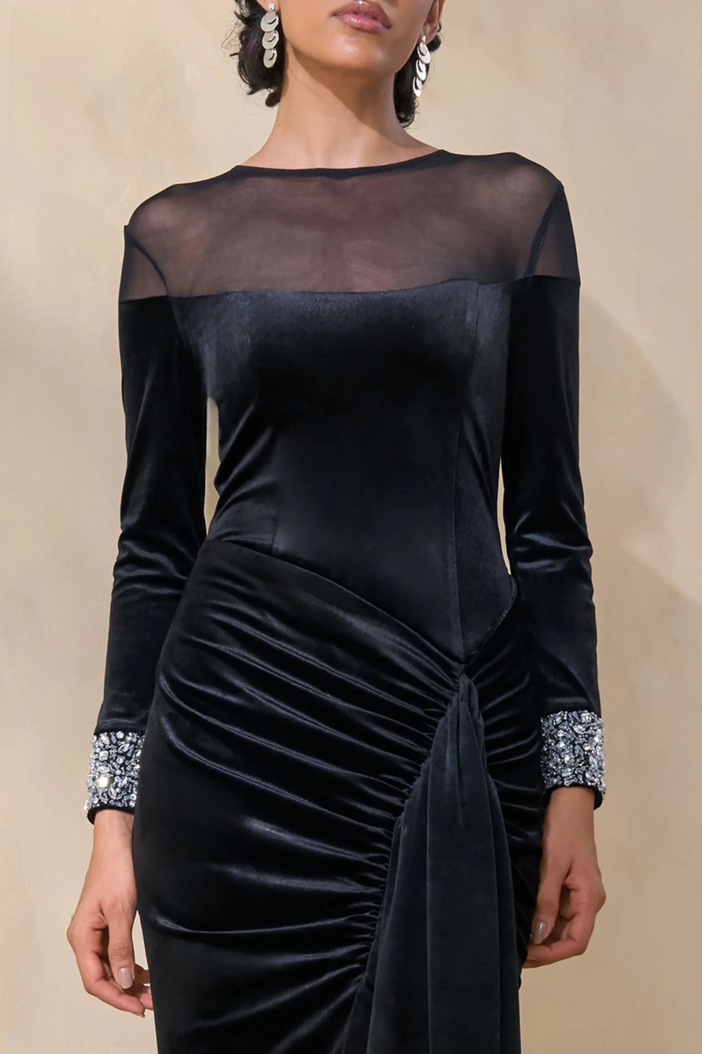 Perrin Black Velvet Crew-Neck Maxi Dress With Embellished Cuffs