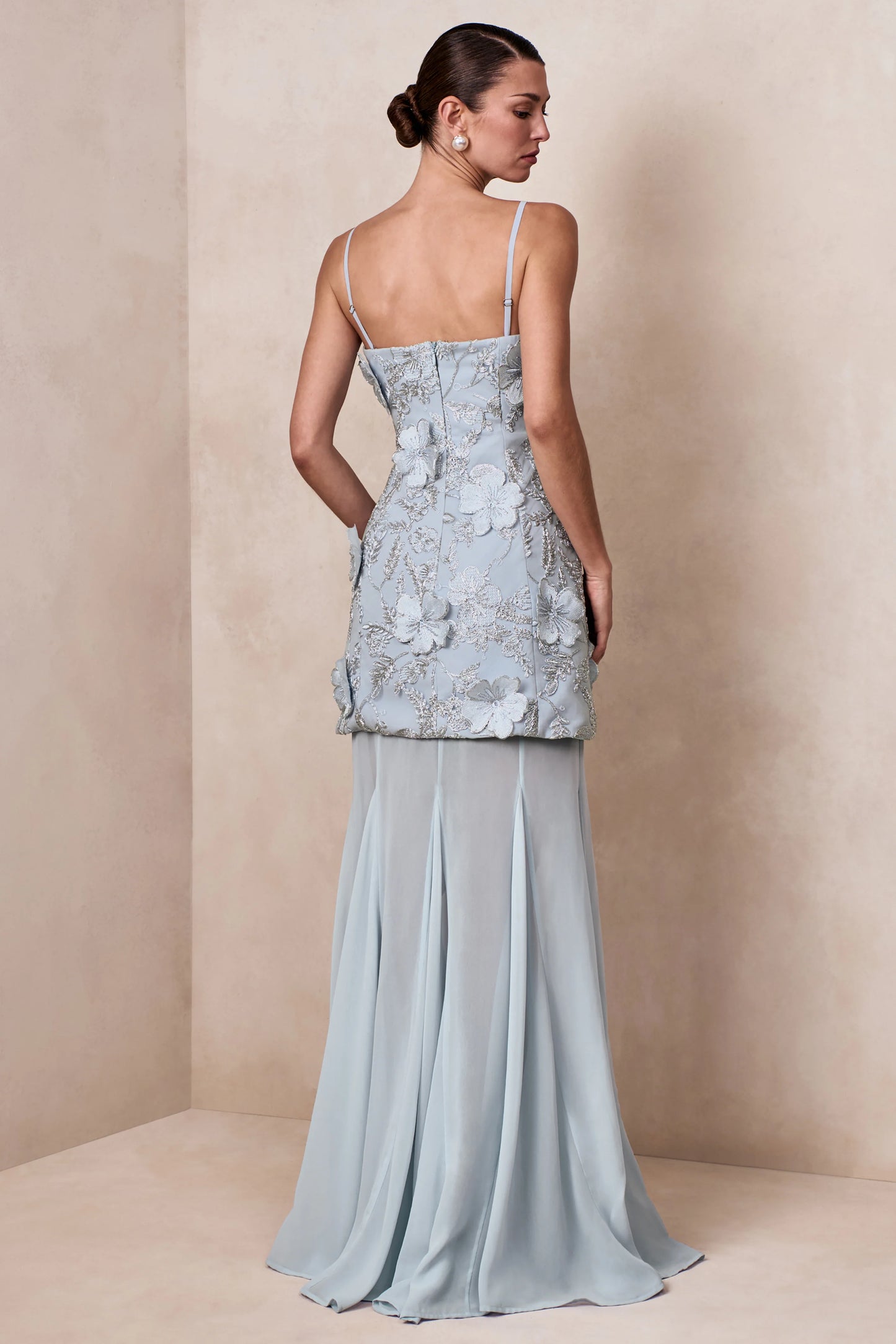 Nessa Light Blue 3D Floral Square-Neck Maxi Dress With Sheer Skirt