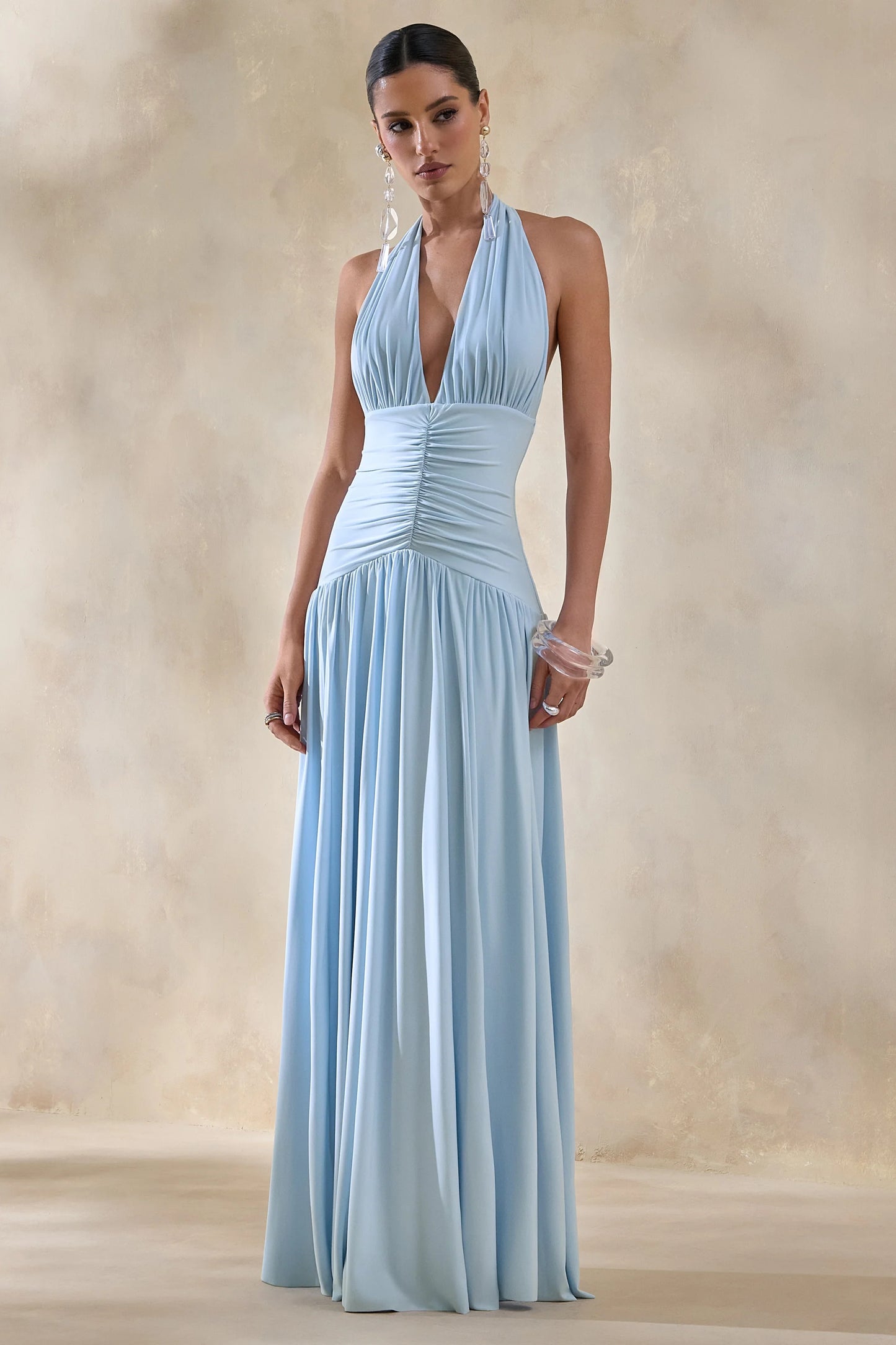 Bettina Powder-Blue Plunge-Neck Maxi Dress With Gathered-Detailing