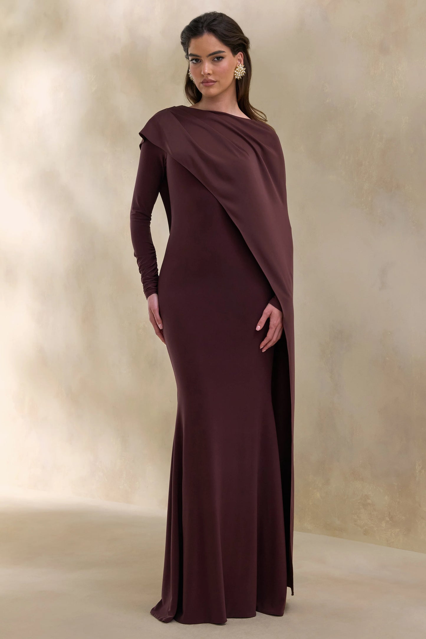 Salenne Brown Wide-Neck Maxi Dress With Satin Asymmetric-Cape