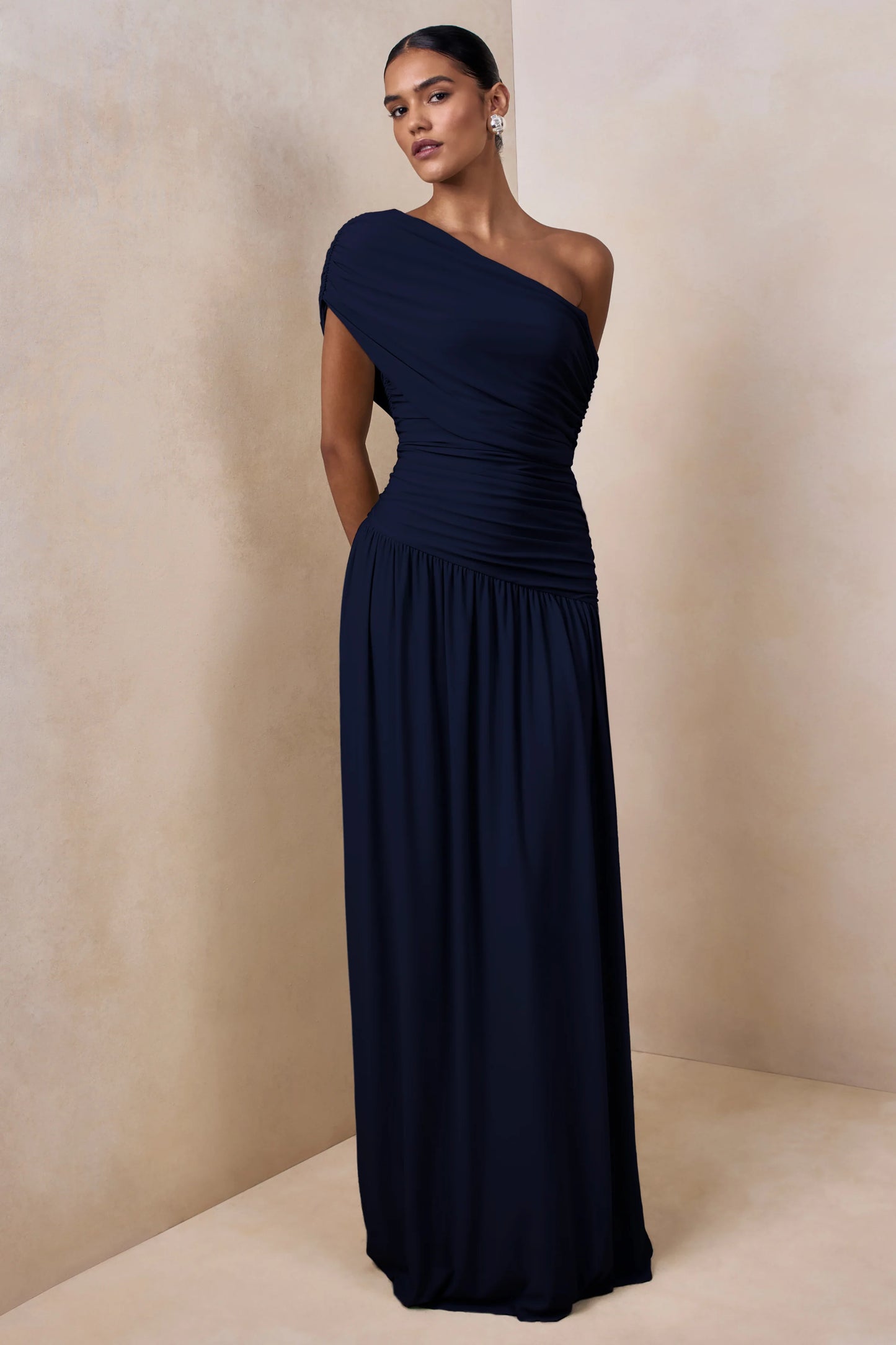Emberly Navy Draped Asymmetric-Neck Maxi Dress With Drop-Waist