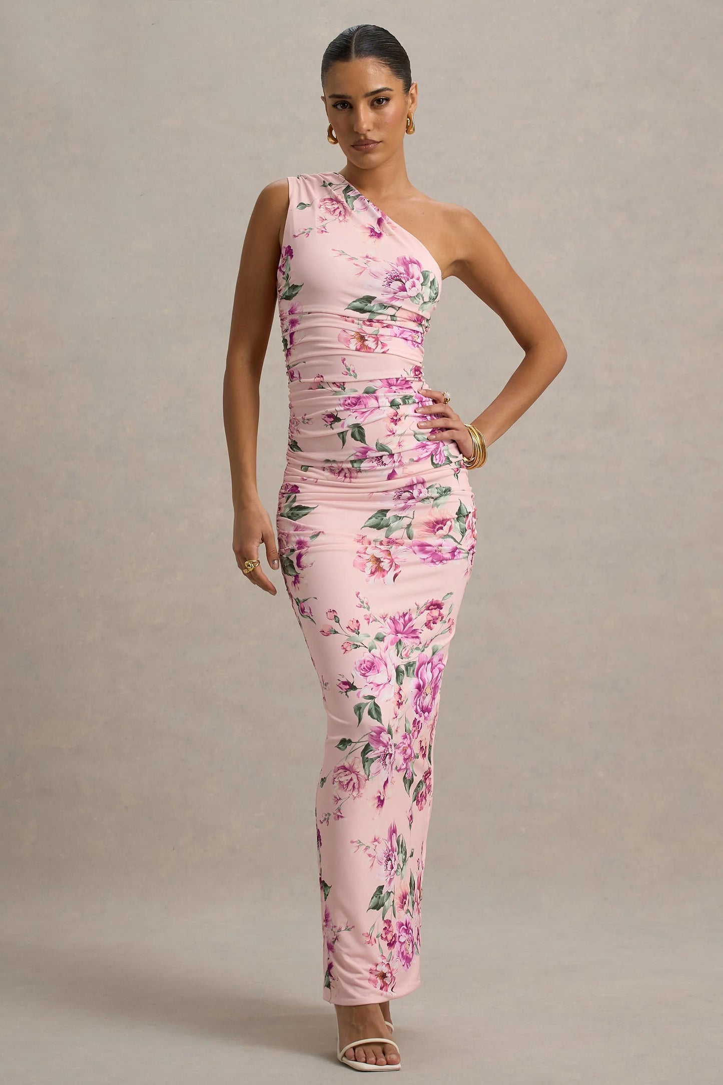 Dalarie Pink Floral Print One-Shoulder Gathered Maxi Dress