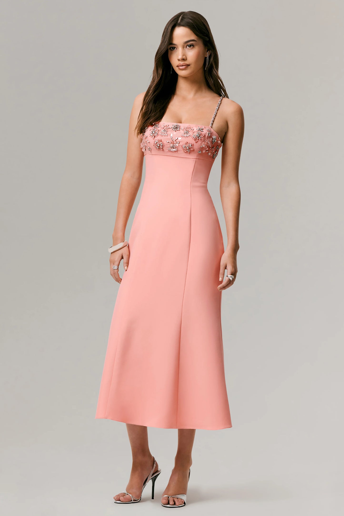 One To Remember Coral Square-Neck Embellished Midi Dress