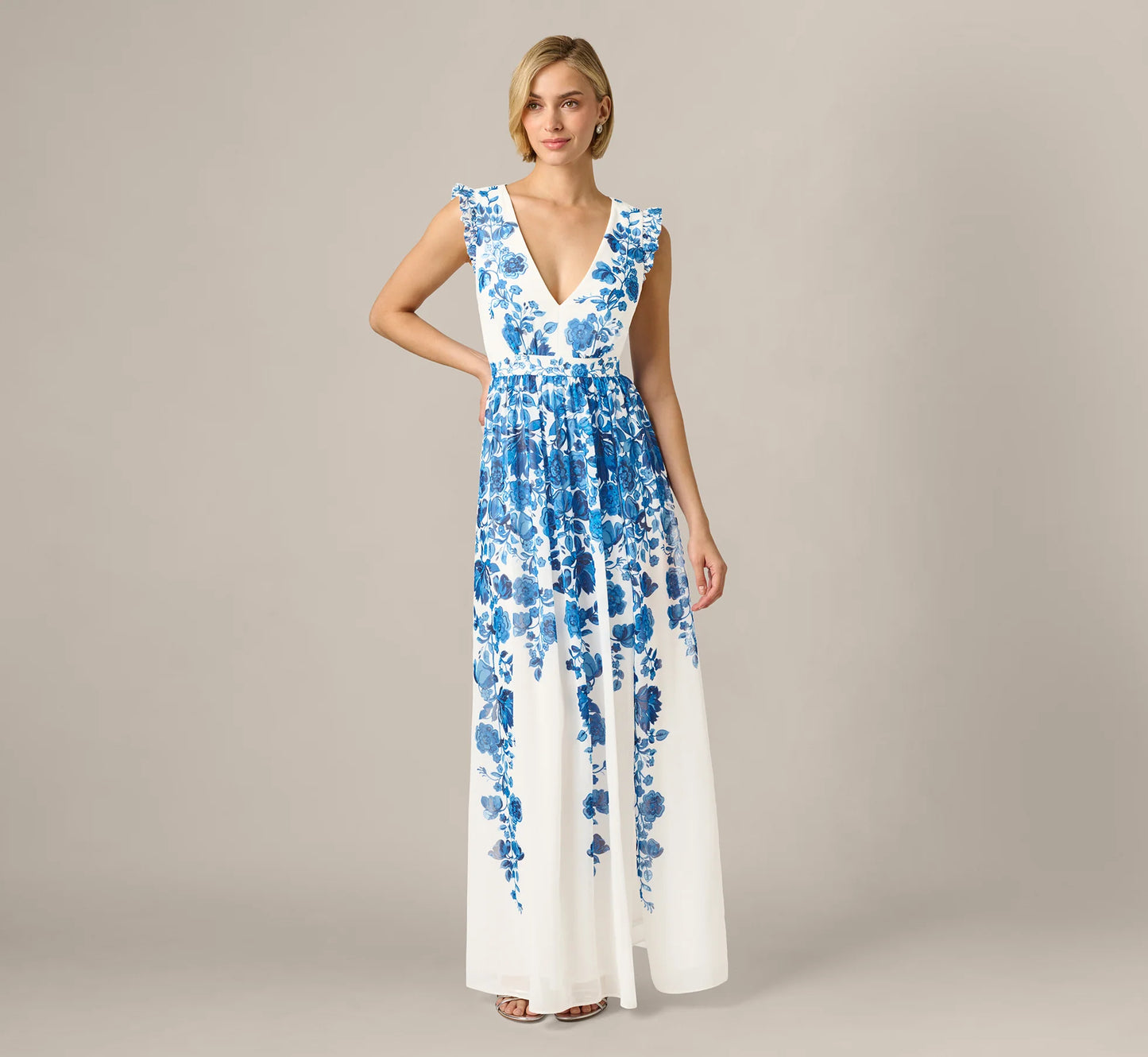 Chiffon Floral Vine Border Print Gown In Ivory Blue