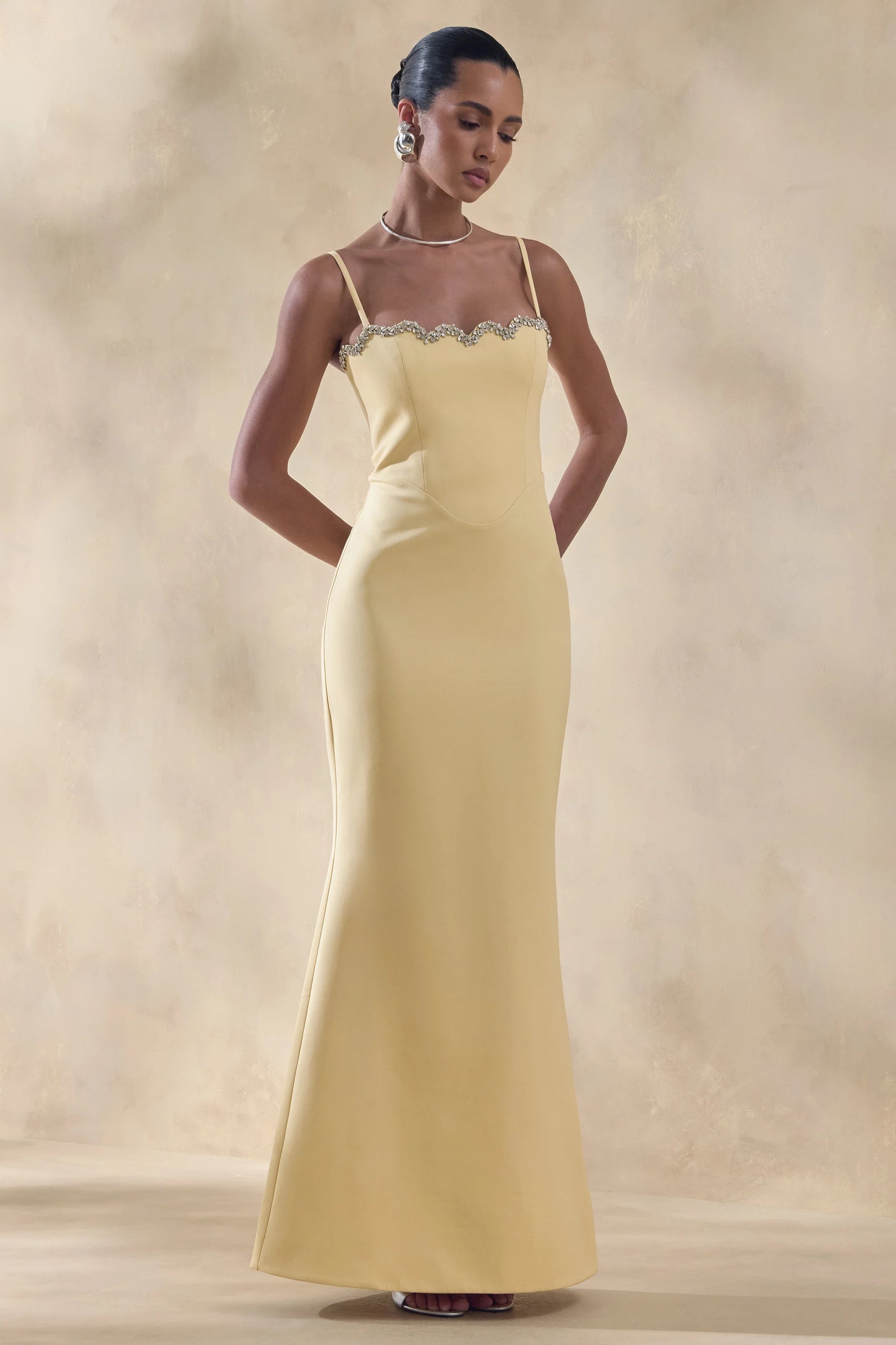 Story Lemon Scalloped Sweetheart-Neck Maxi Dress With Embellished-Detailing