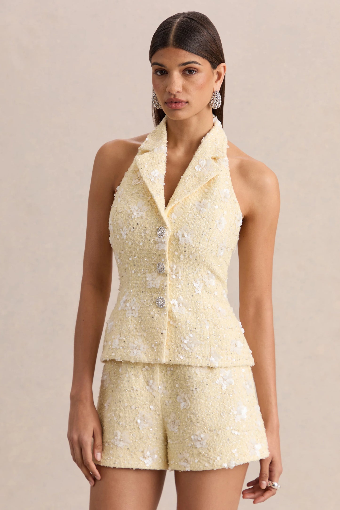Alba Lemon Boucle Plunge-Neck Crop-Top