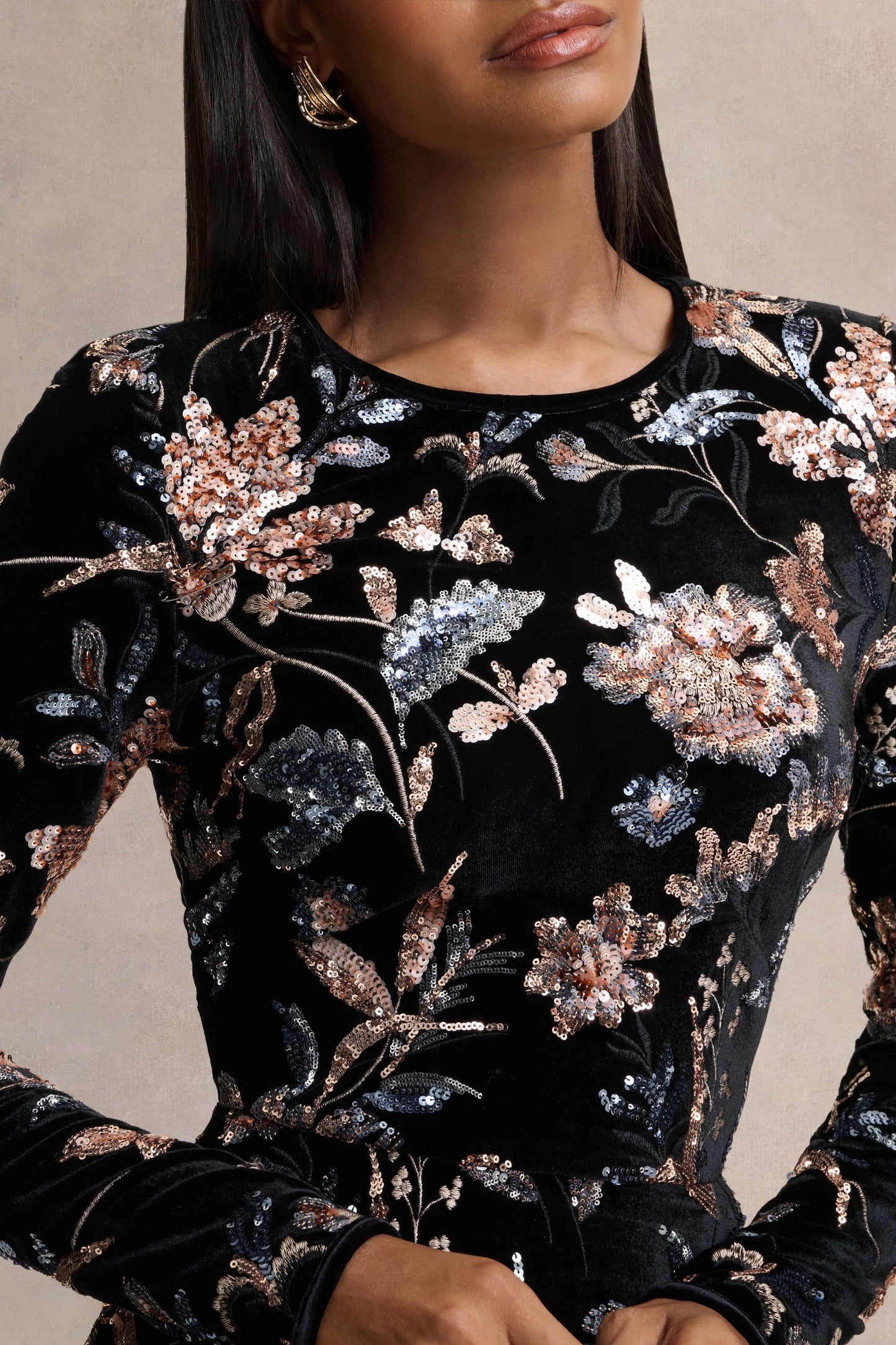 Lyric Black Floral Velvet And Sequin Embellished Crew-Neck Maxi Dress