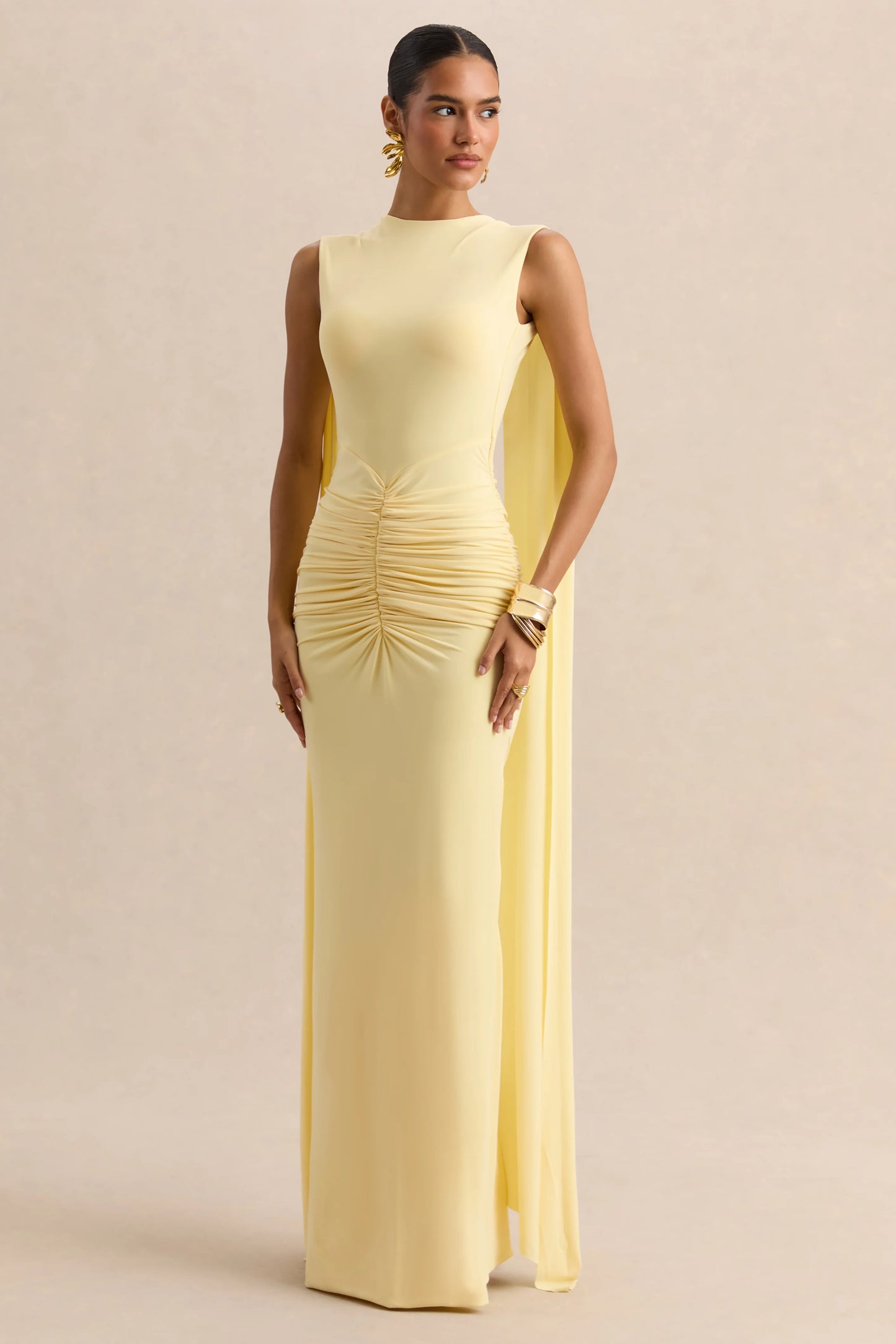 Premiere Lemon Boat-Neck Maxi Dress With Cape-Sleeves And Open-Back
