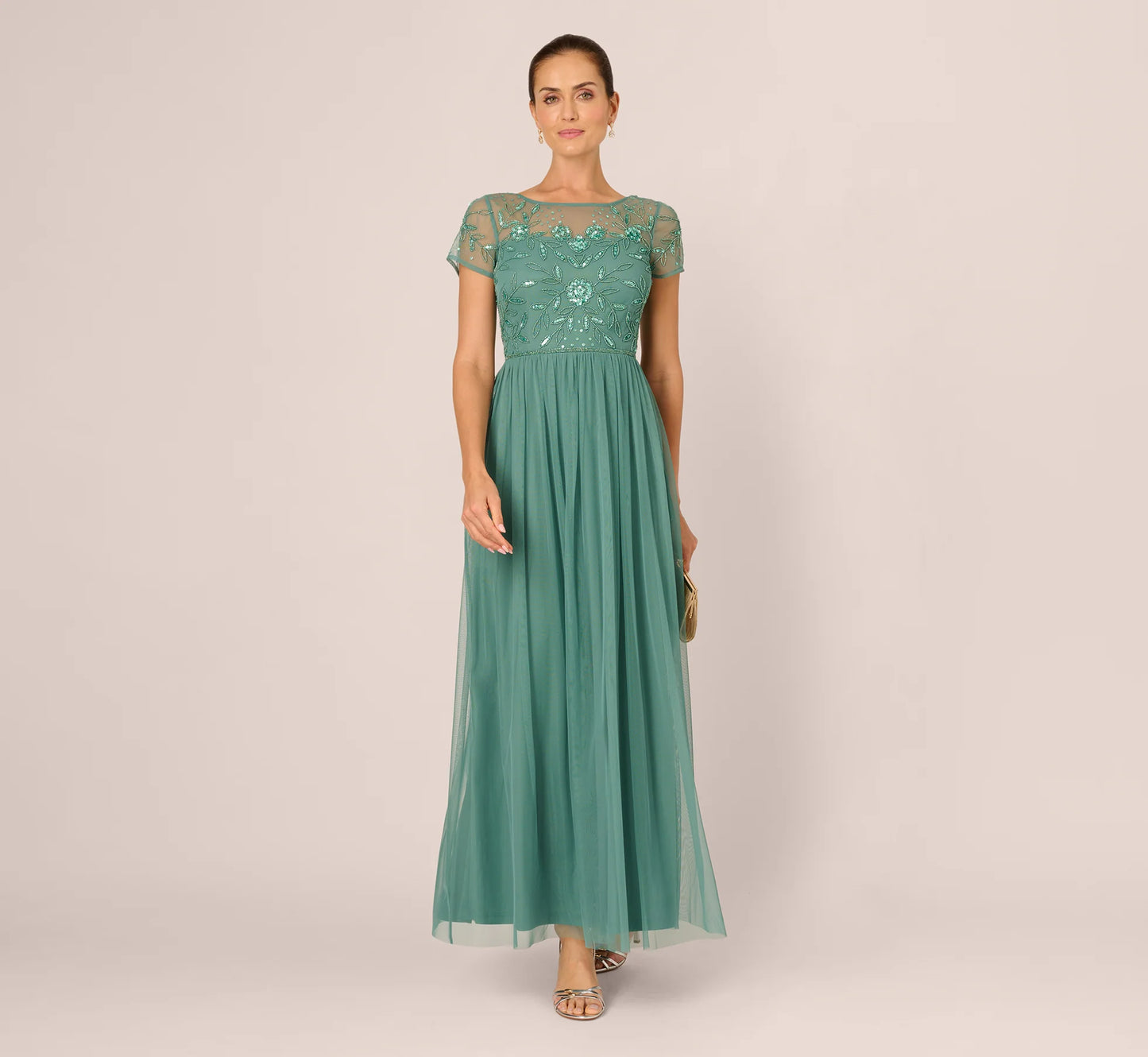 Short Sleeve A Line Beaded Illusion Dress In Green Slate