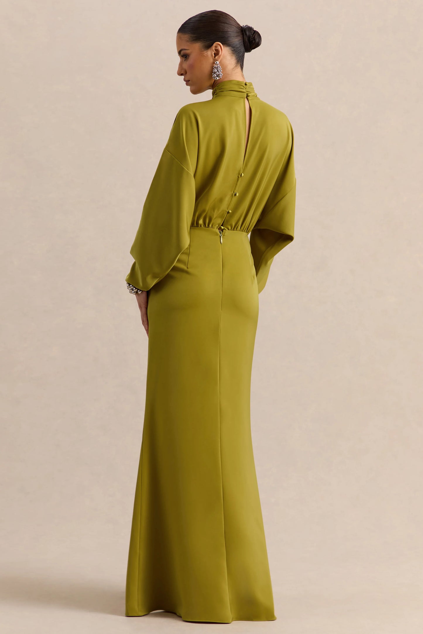 Perla Olive High-Neck Maxi Dress With Gathered-Detailing