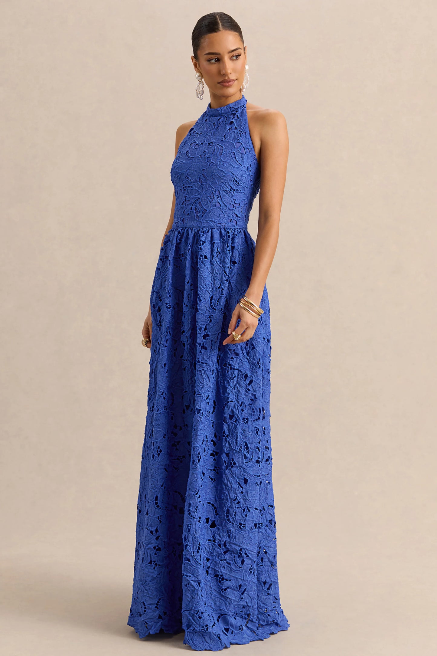Indiana Dark Blue Broderie Halter-Neck Maxi Dress