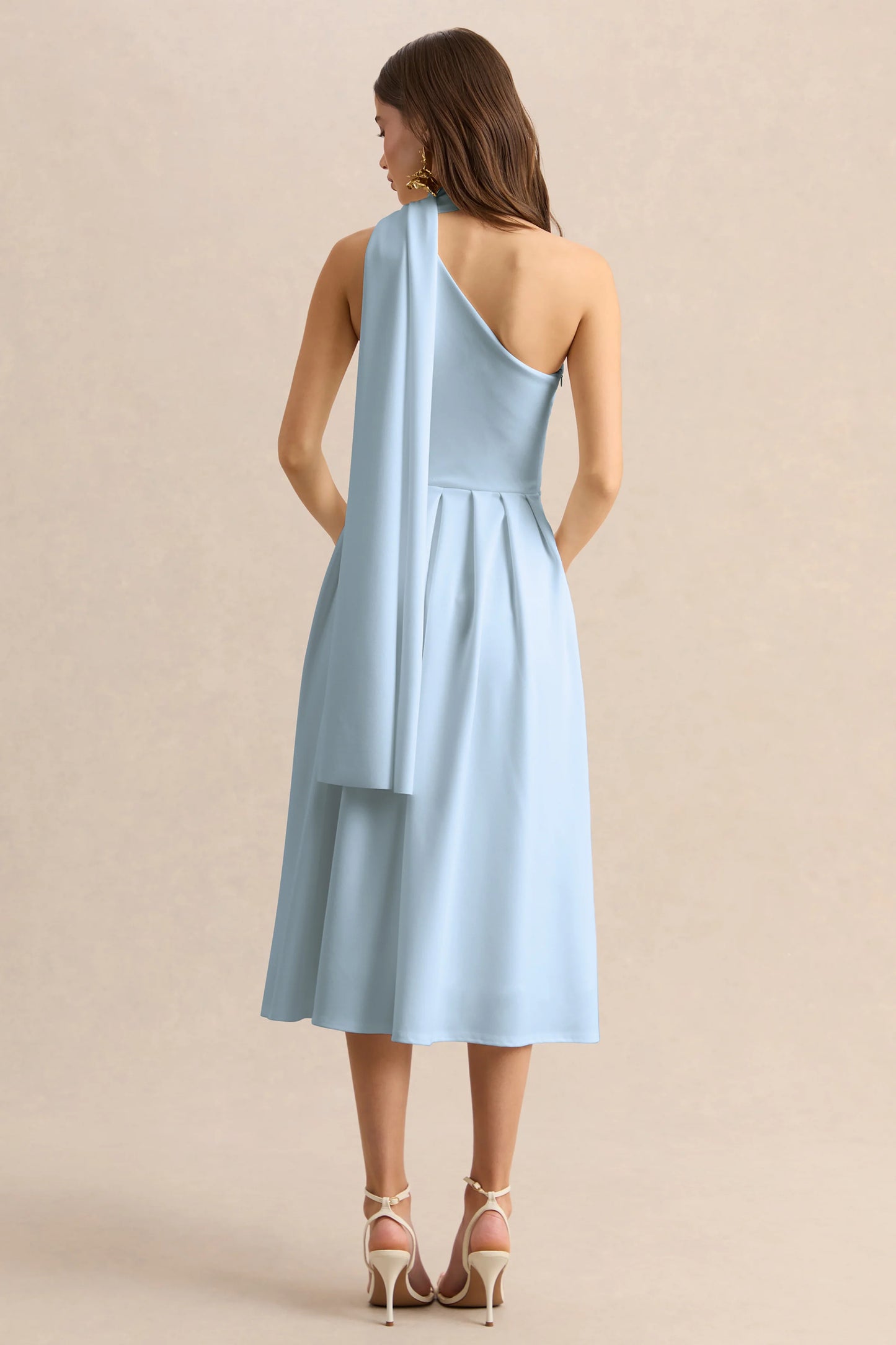 Odette Powder Blue Asymmetric-Neck Midi Dress With Scarf