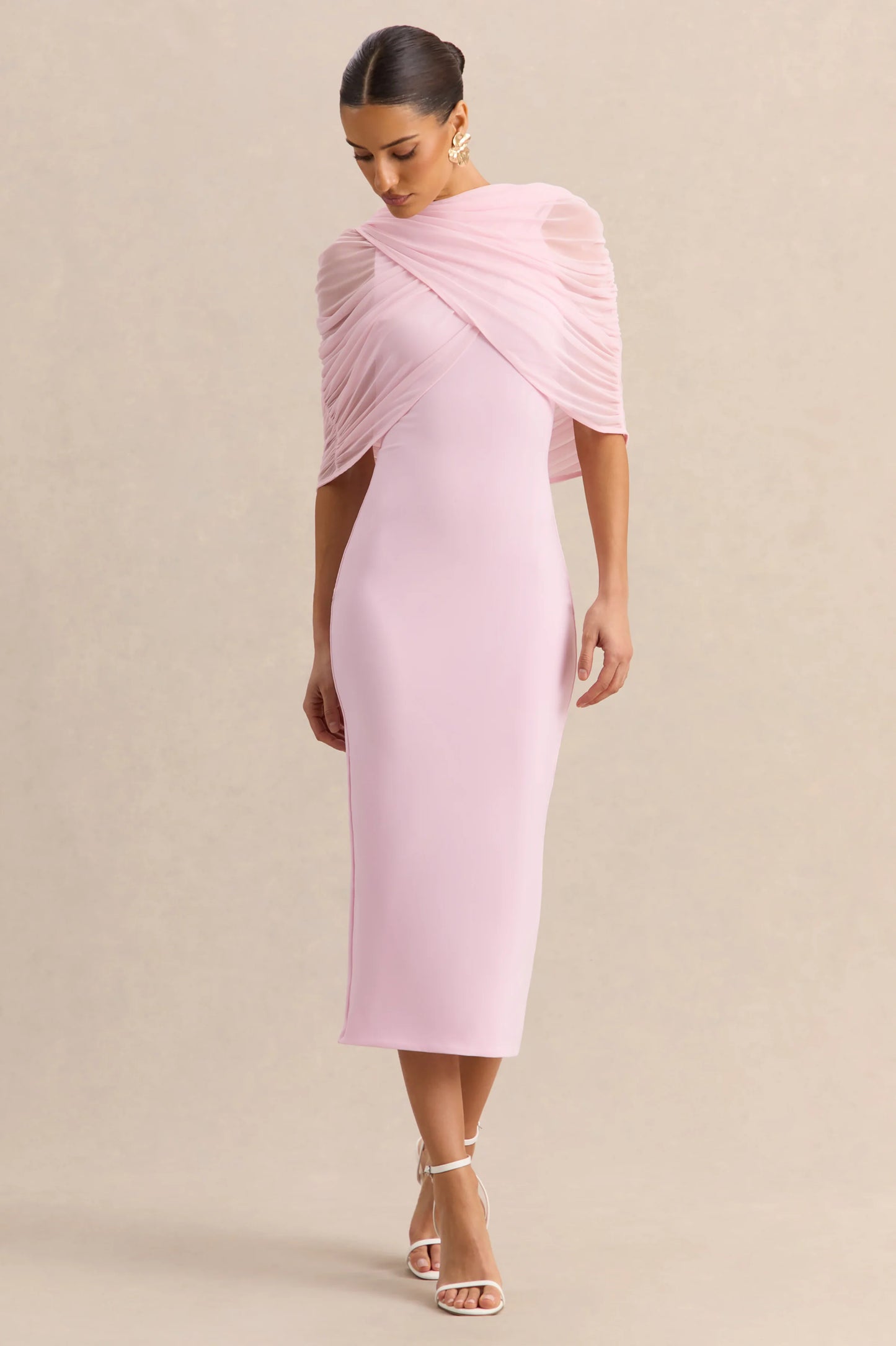 Mirana Light Pink High-Neck Midi-Dress
