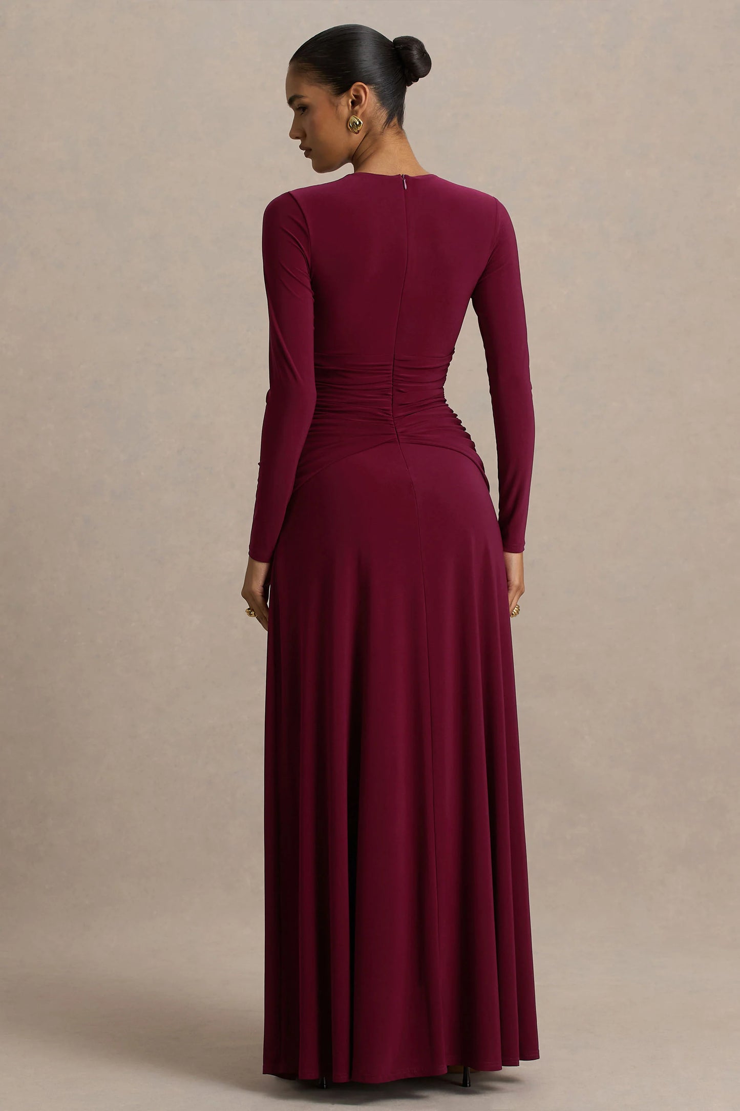 Estrella Berry High-Neck Maxi Dress With Ruched Detailing