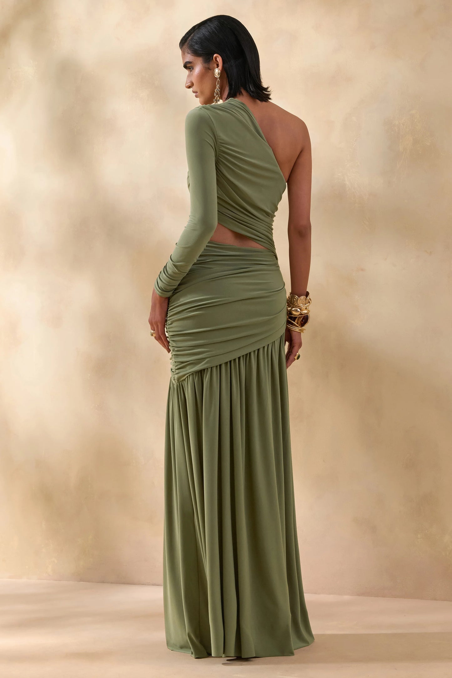 Kinsley Olive Asymmetric-Neck Maxi Dress With Body Cut-Out Detail
