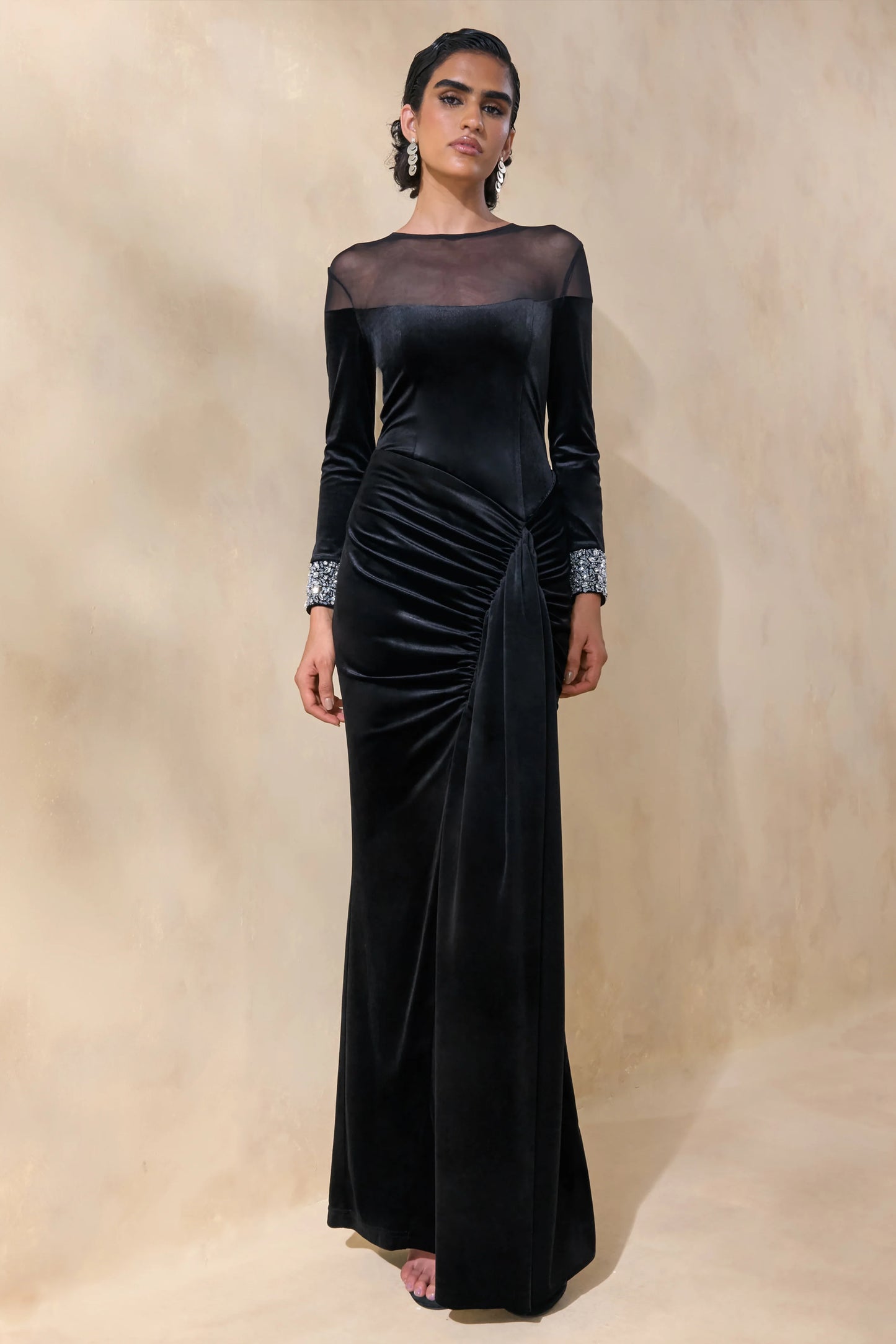 Perrin Black Velvet Crew-Neck Maxi Dress With Embellished Cuffs