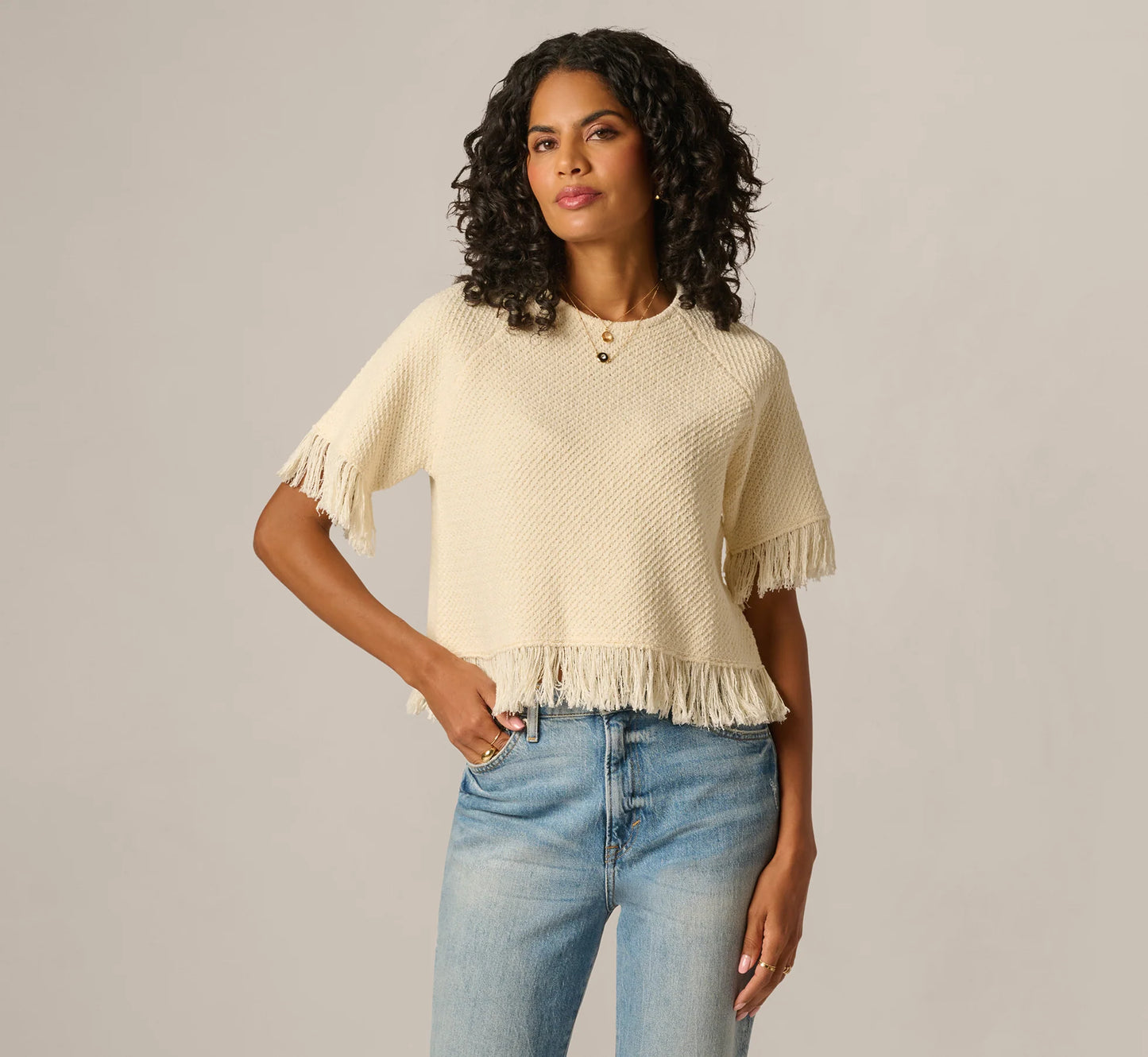 Short Sleeve Textured Knit Raglan Fringe Sweater In Cream