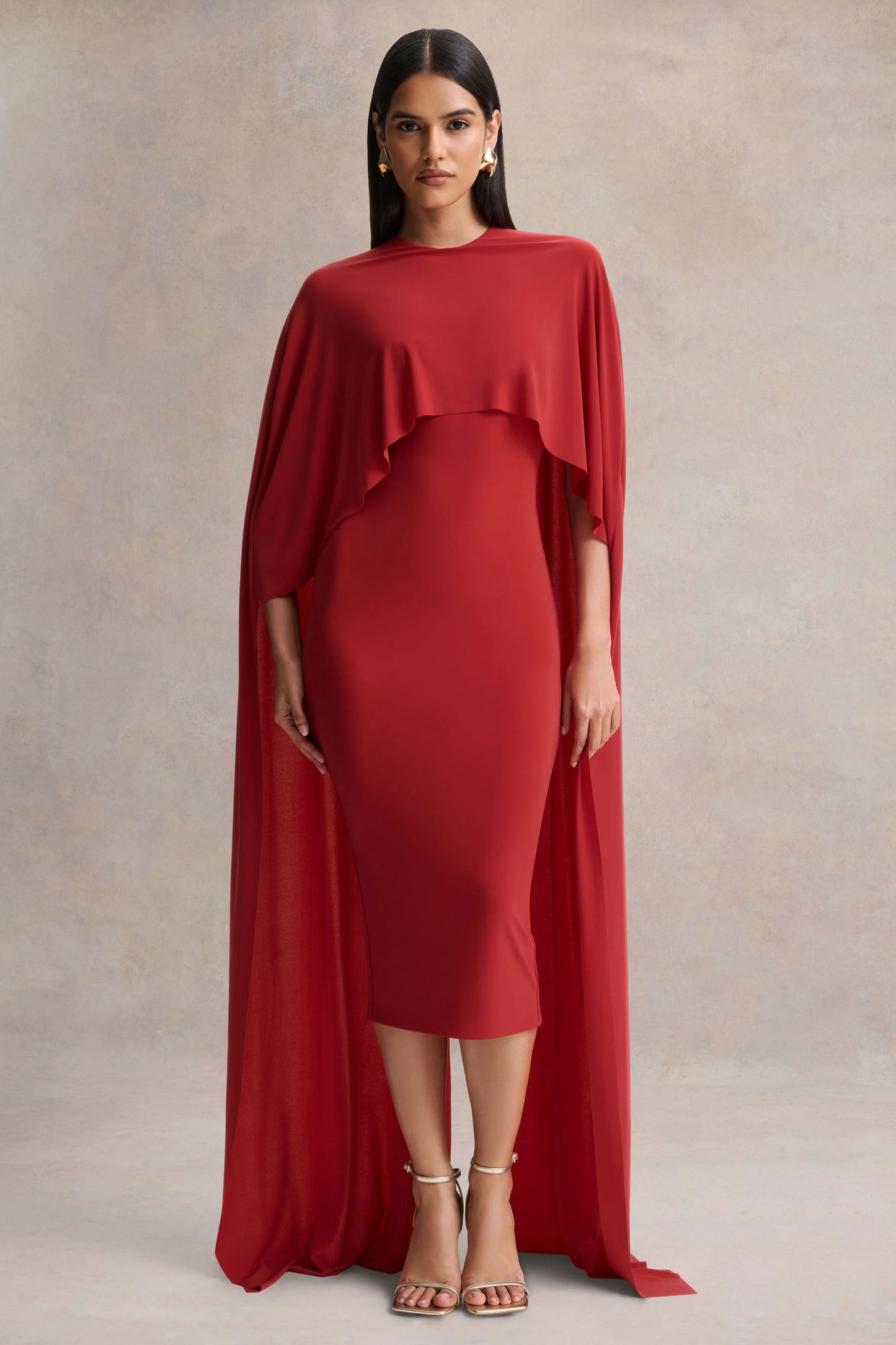 Kalani Red Crew-Neck Midi Dress With Cape-Sleeves