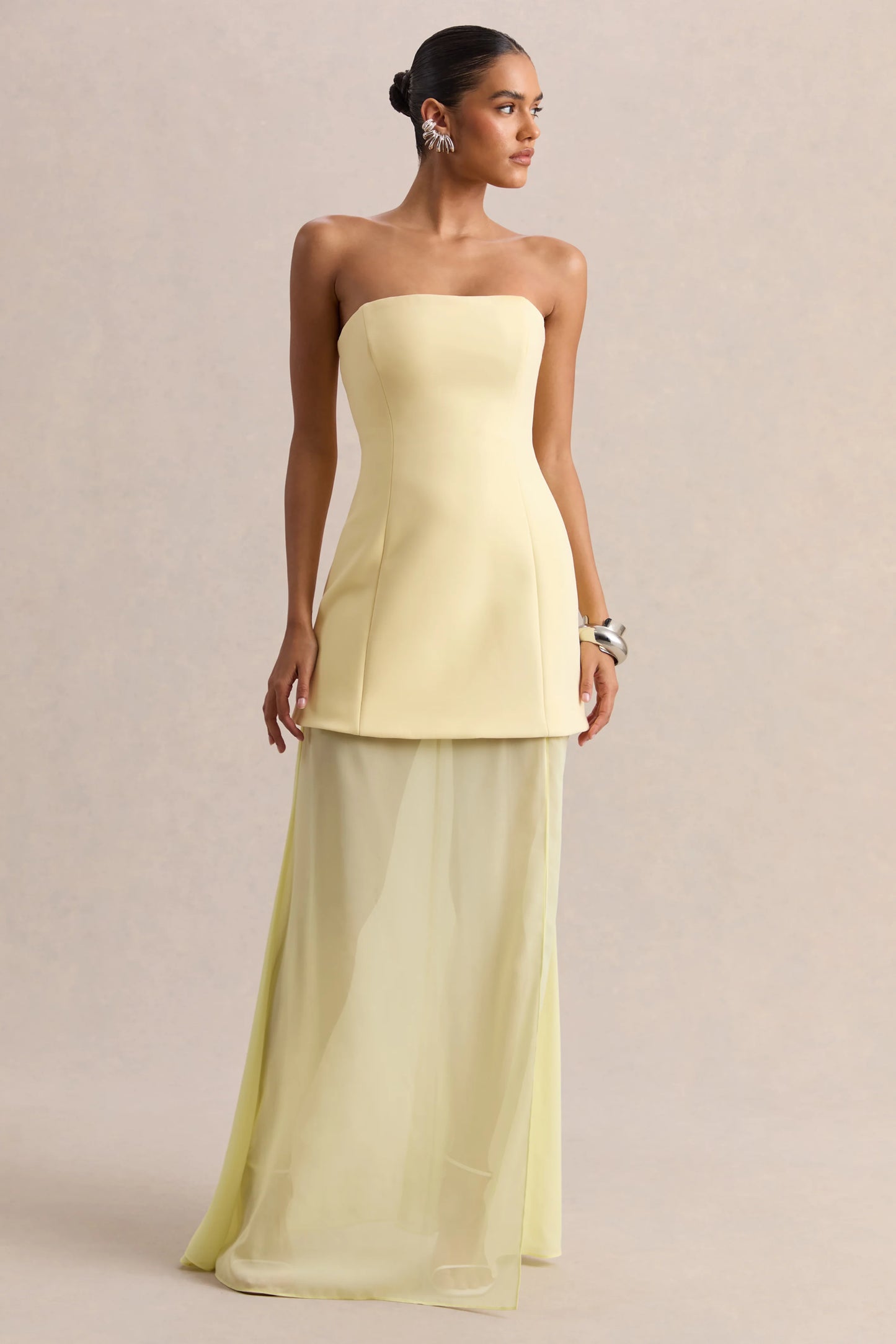 Chessa Lemon Boat-Neck Maxi Dress With Sheer Cape