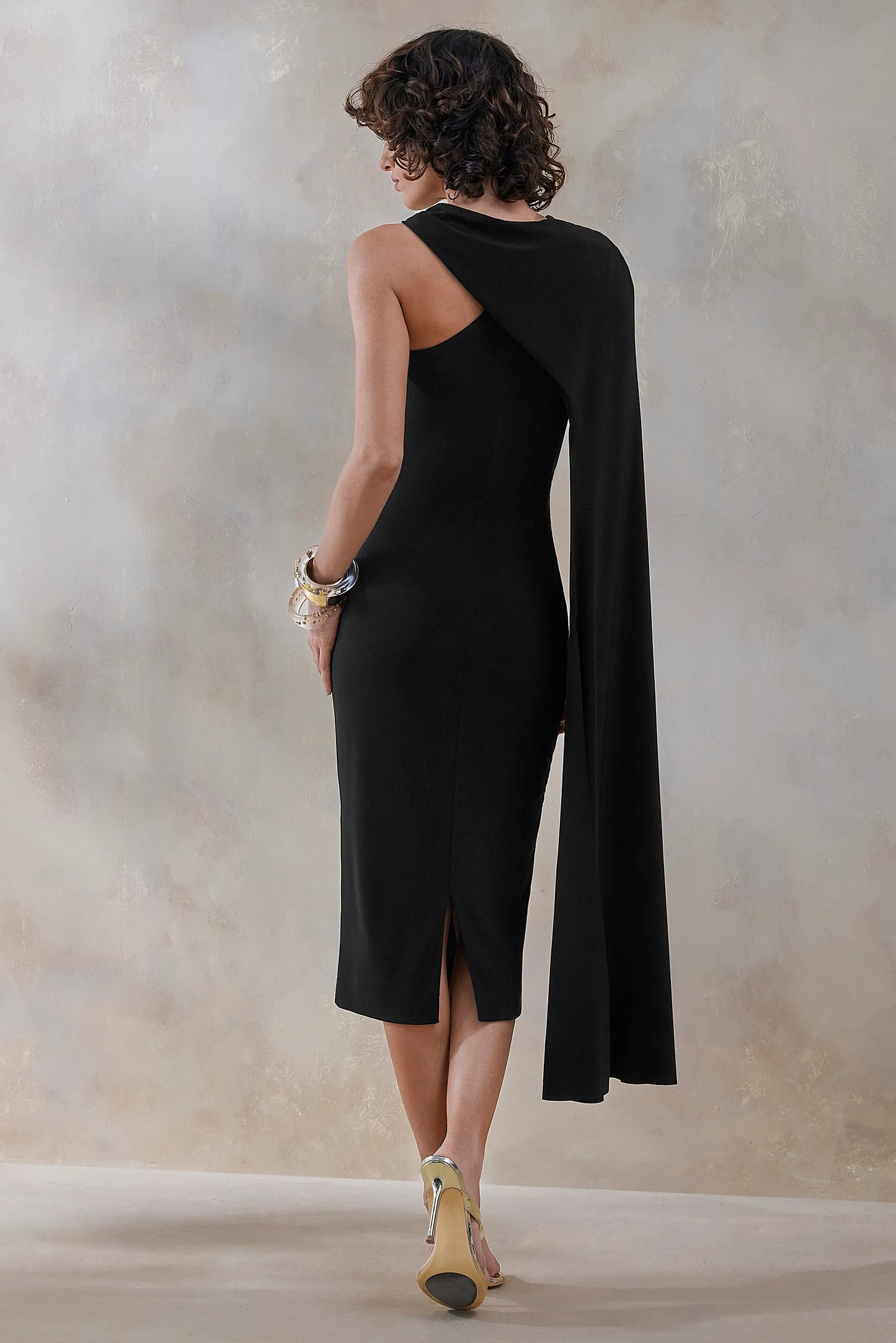 Misoria Black High-Neck Midi-Dress With Cape-Sleeve
