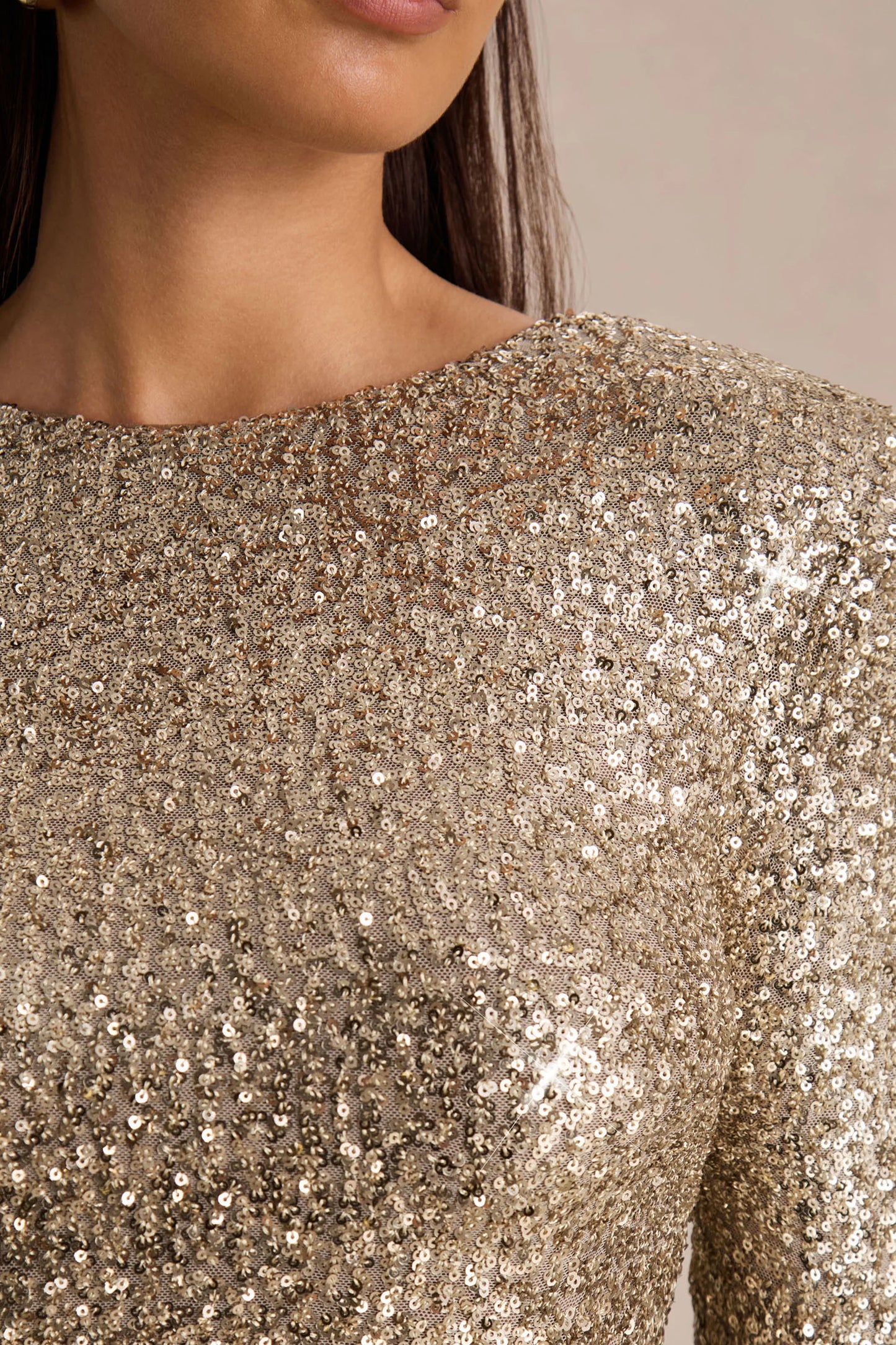 Mercedes Champagne Sequin Boat-Neck Mini Dress With Draped Detail And Open Back