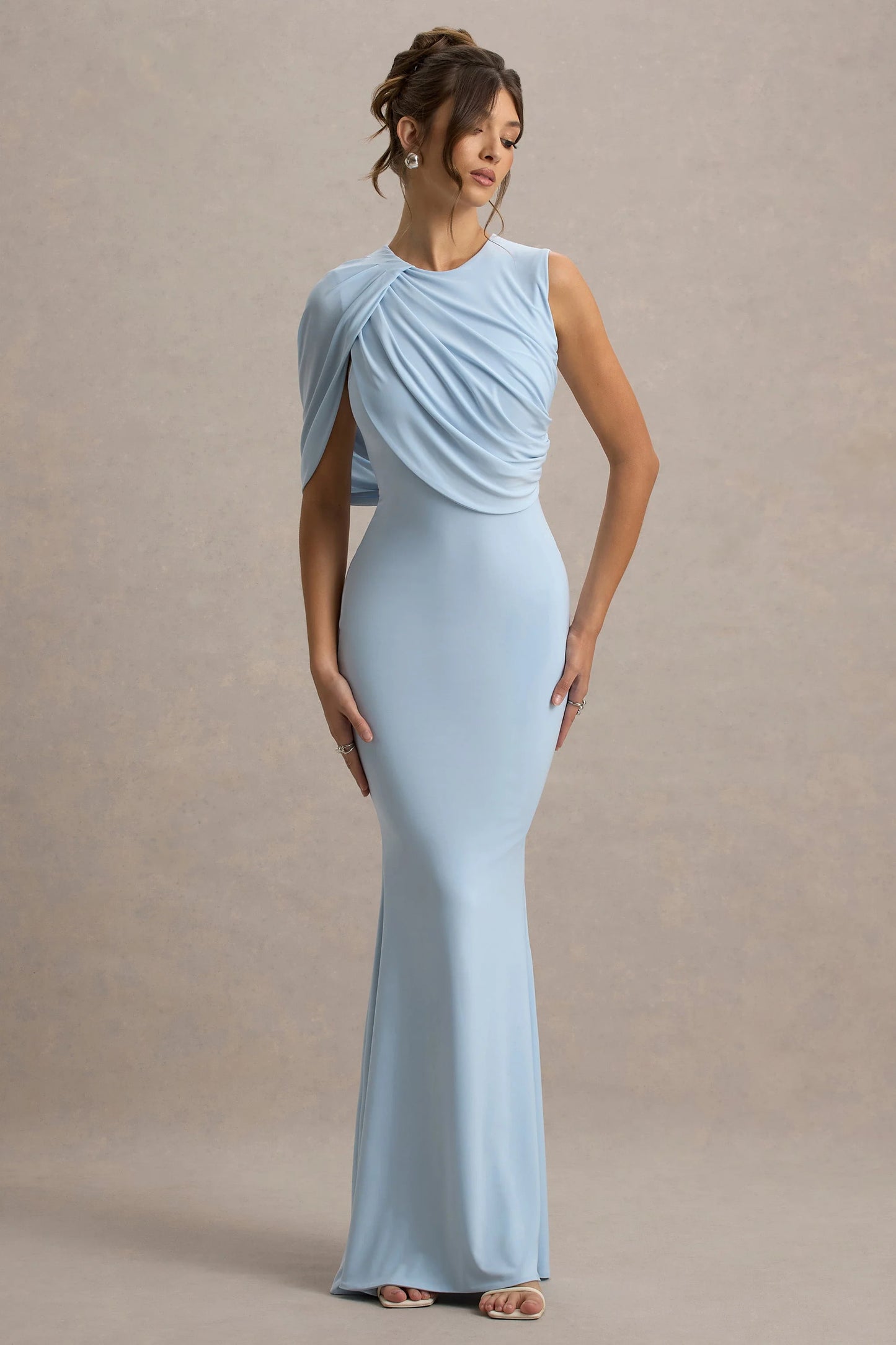 Rae Powder Blue Maxi Dress With One-Sleeve Cape
