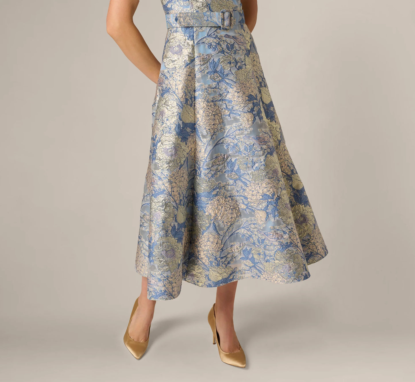 Hydrangea Floral Jacquard Collared Midi Dress In Blue Multi