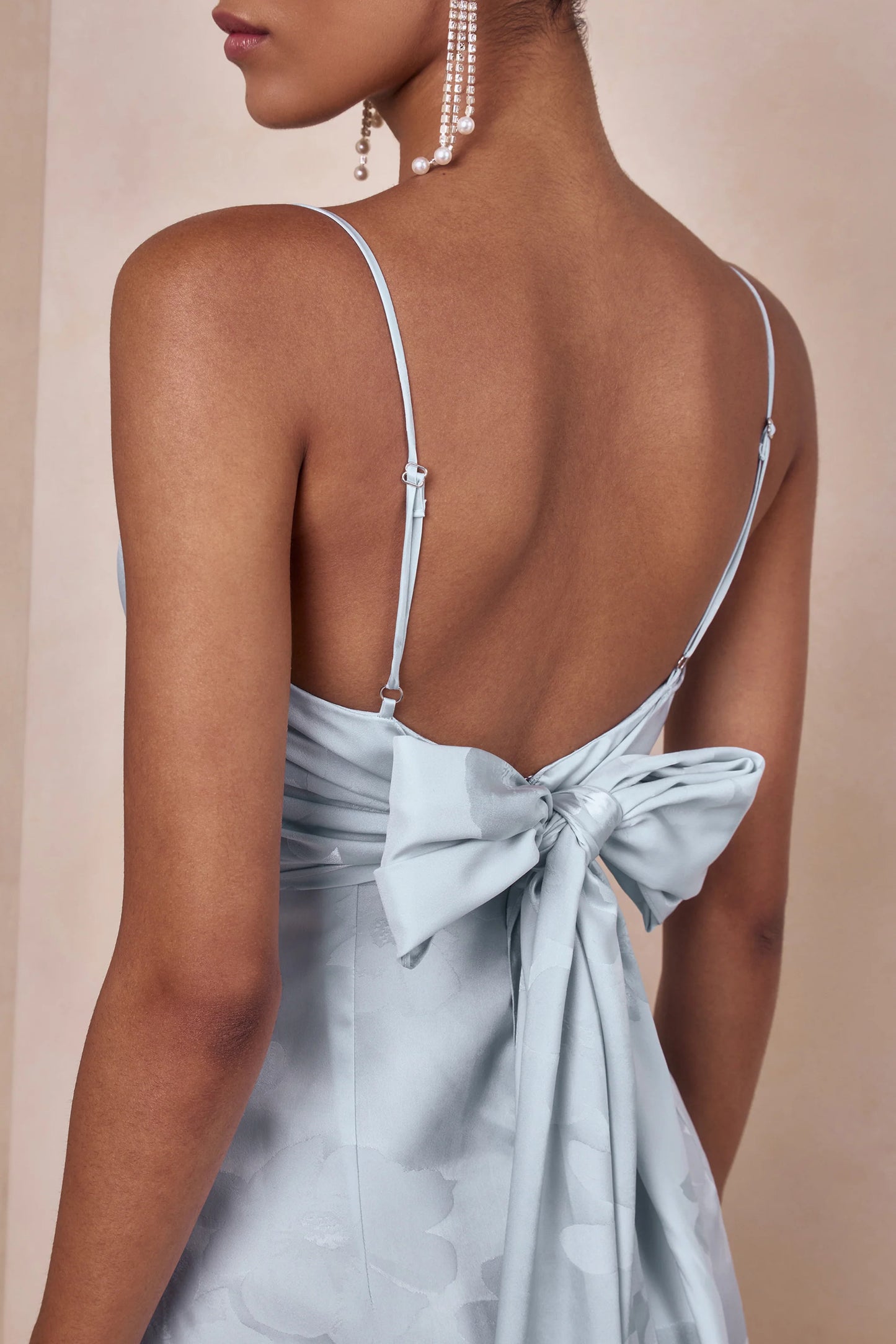 Carelle Powder Blue Satin Plunge-Neck Maxi Dress With Asymmetric Drop-Waist