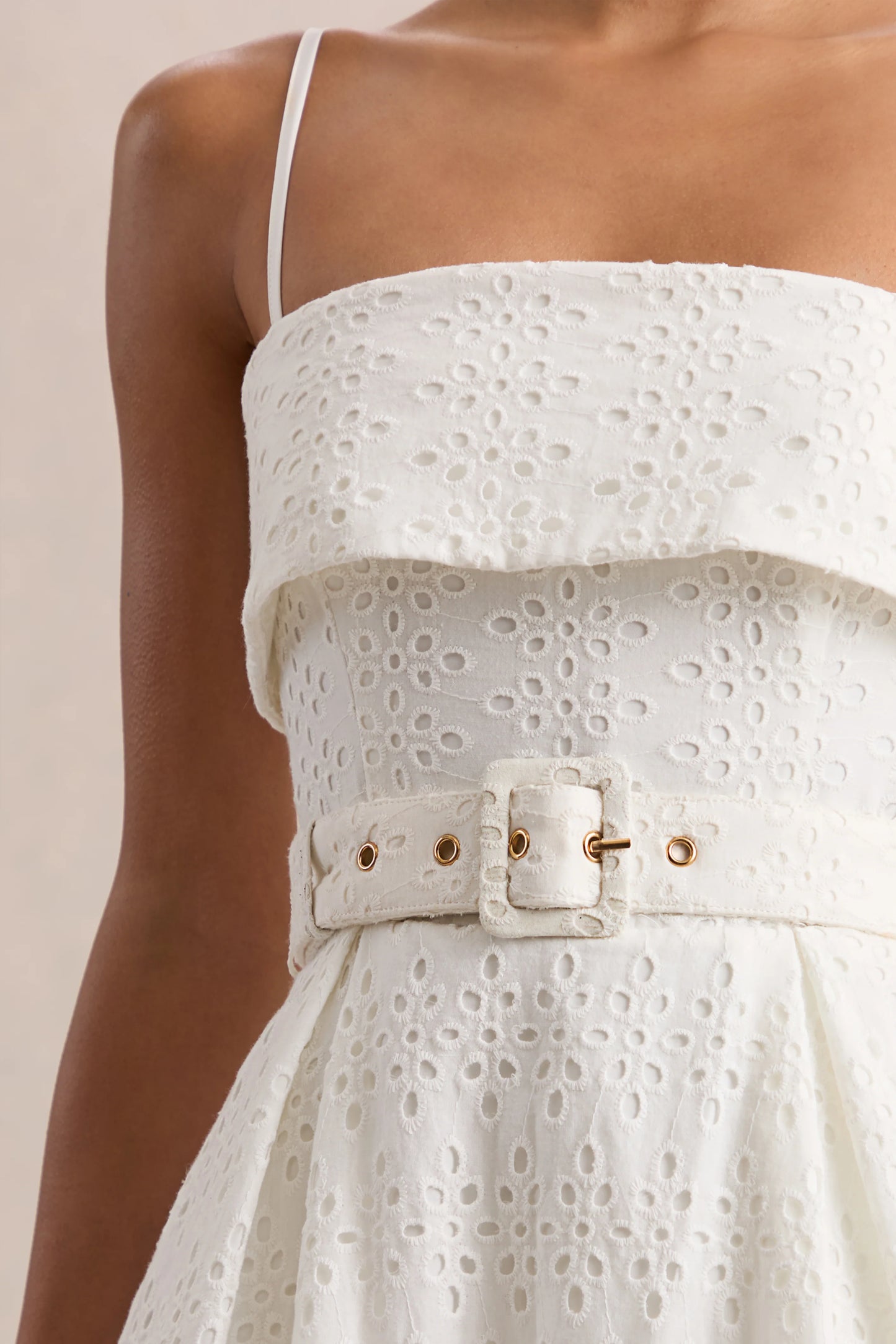 Zoeva Cream Broderie Square-Neck Belted Midi Dress