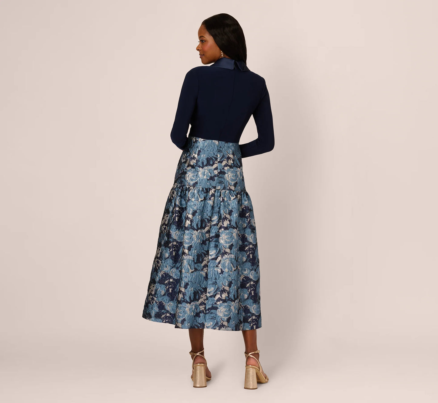 Long Sleeve Tuxedo Jacquard Combo Gown In Midnight Multi